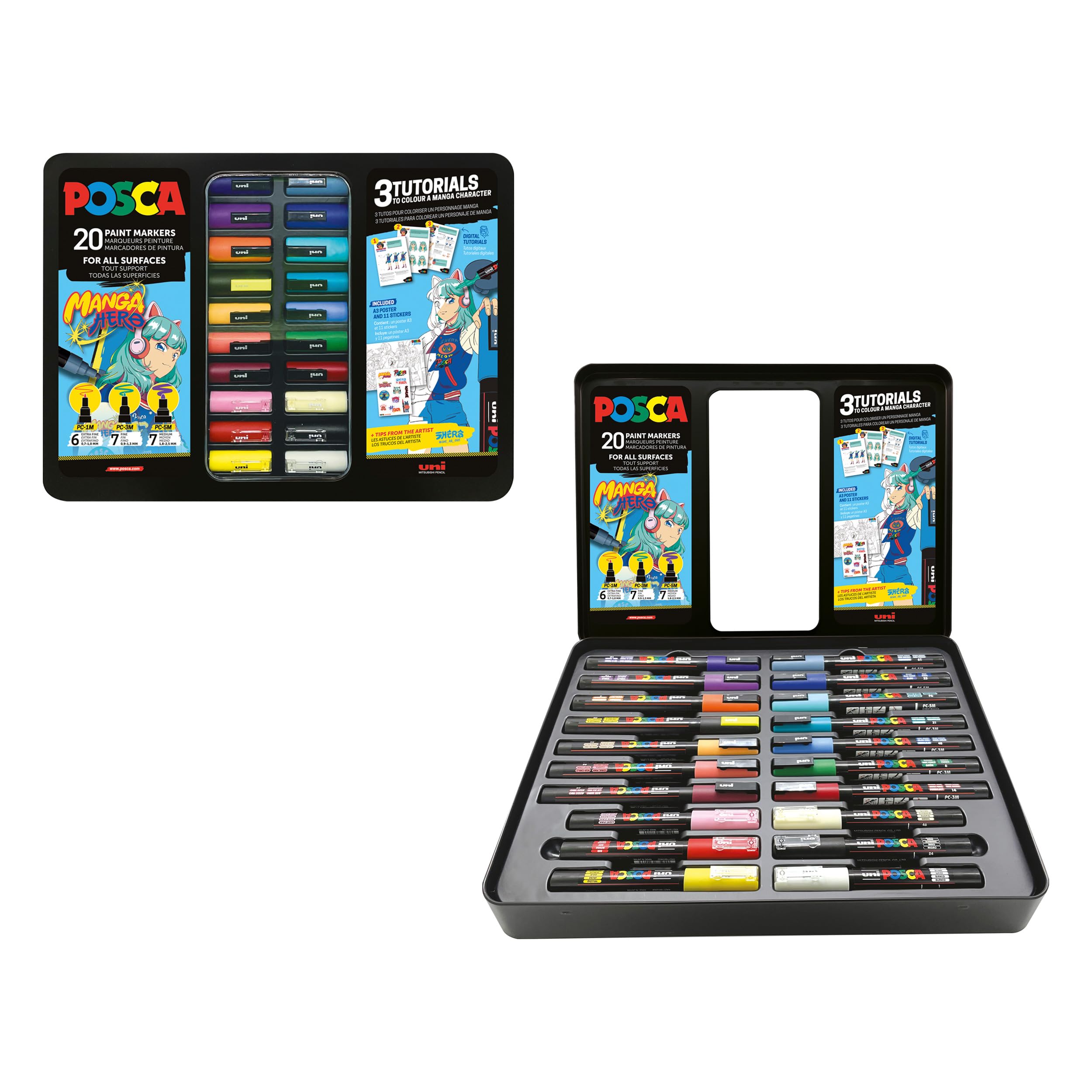 Posca Uni Valigetta Metallo 20pz Marcatori Pennarelli Assortiti Manga Hero | Pennarello con punte da 0,7-2,5 mm, inclusi poster e adesivi