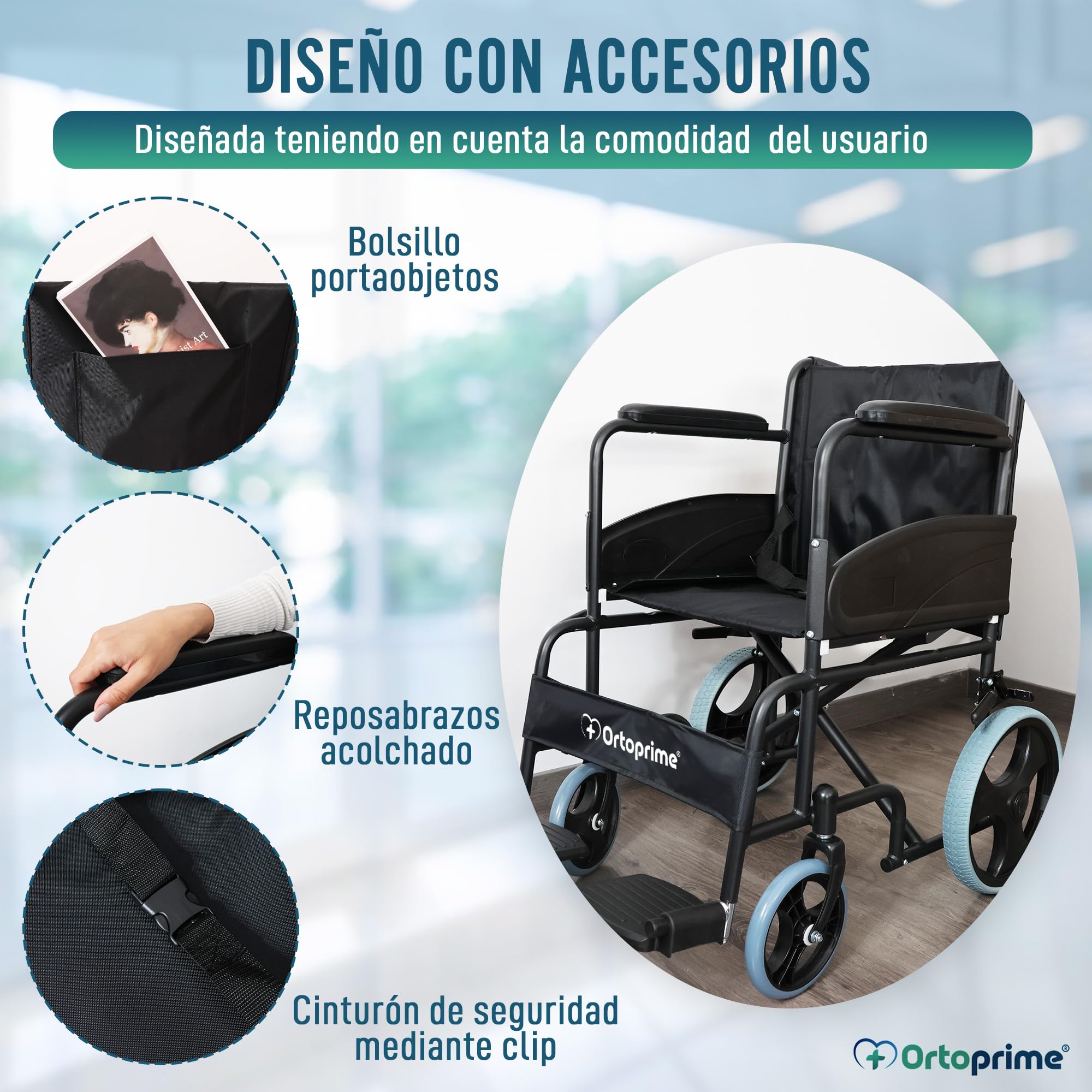 OrtoPrime Silla de Ruedas PLEGABLE Ligera - Sillas de Ruedas para Adultos Wheelchair - Silla Ruedas Plegable LIGERA - Silla Ortopédica para personas Mayores - Silla ruedas ancianos - Marca Española