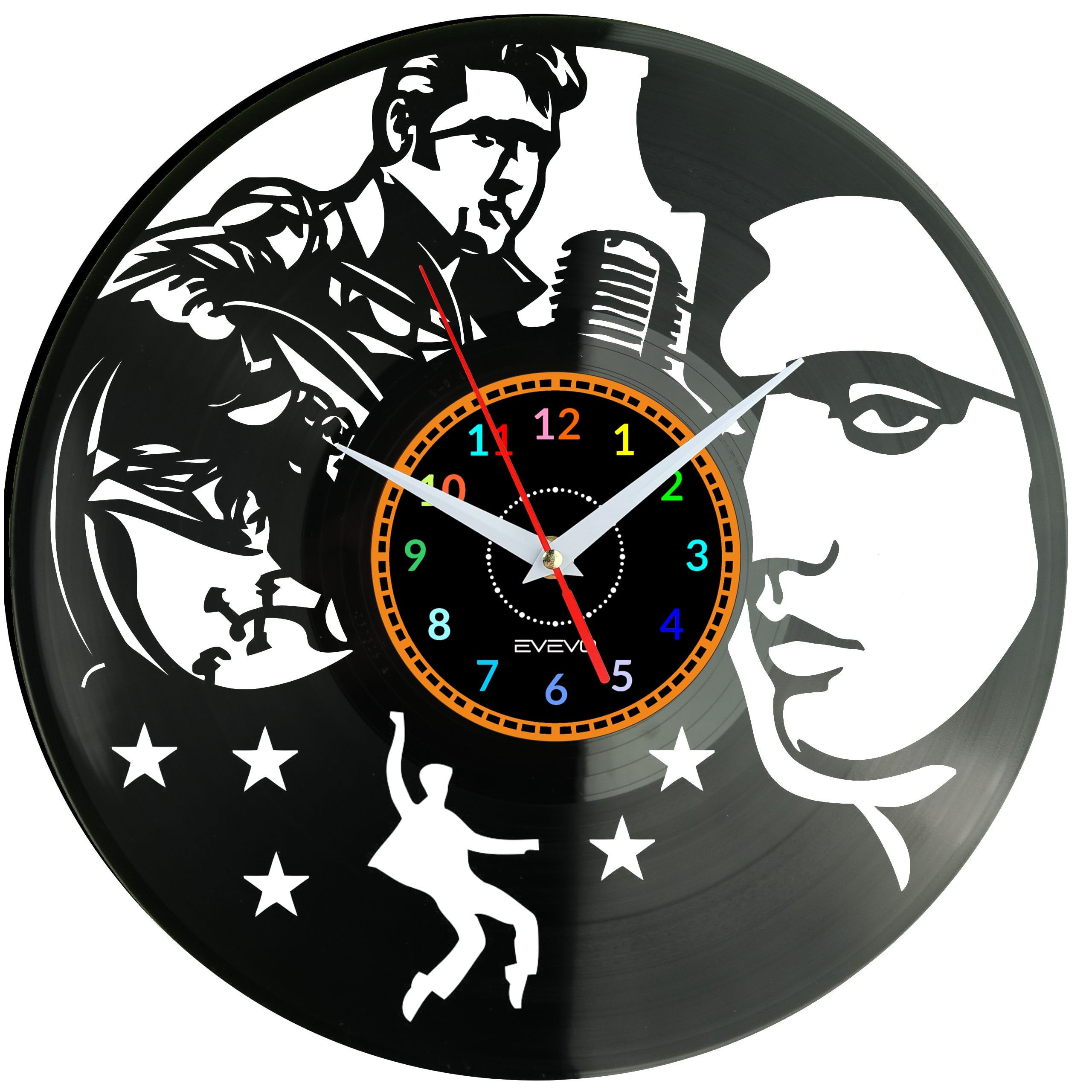 Evevo Multicolor King Of Rock & Roll Wall Clock Vinyl Record – Elvis Inspired Retro Music Design, Handmade Art Clock, Unique Gift Or Present For Rock Lovers, Musicians & Vintage Home Decor W0340
