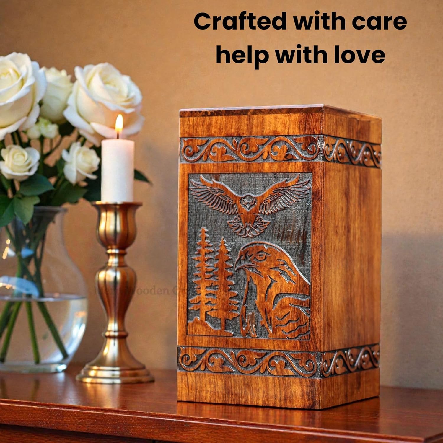 Wooden Urn for Human Ashes Adult Male/Women - Rosewood Funeral Cremation Urn for Ashes - Eagle Wooden Urns Hand-Crafted (L (11X6) 250 Cu/Inch)