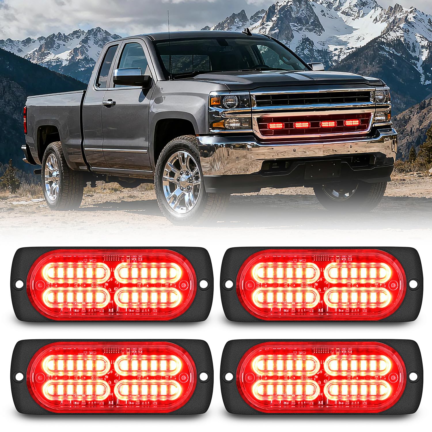 Nilight 4PCS 24LED Red Strobe Light 12V/24V Grille Surface Mount