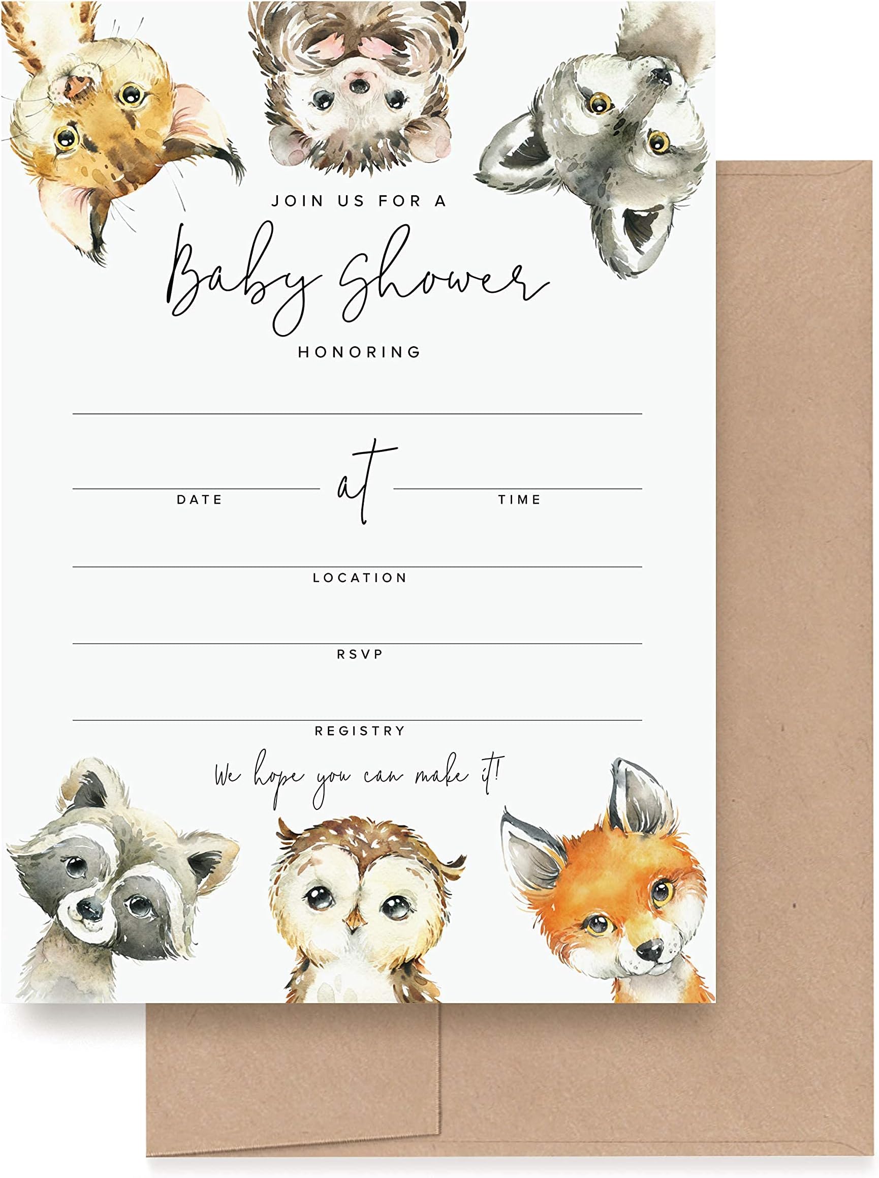 Bliss Collections 25 Baby Shower Invitations with Envelopes Woodland Animals, Forest Creatures, Fox, Owl, Racoon, Wolf, Hedgehog, Bobcat - Gender Neutral, 5x7 Cards