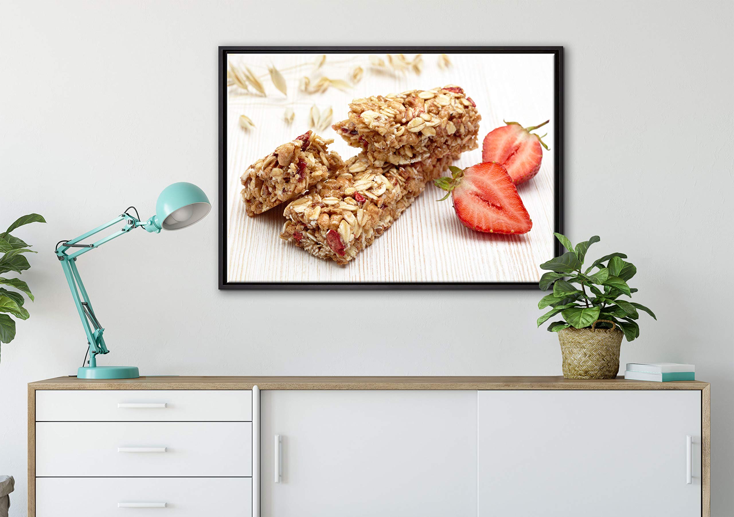 Pixxprint Gesunde Müsliriegel Leinwandbild 100x70 cm im Bilderahmen, Wandbild, Schattenfugenrahmen, Kein Poster