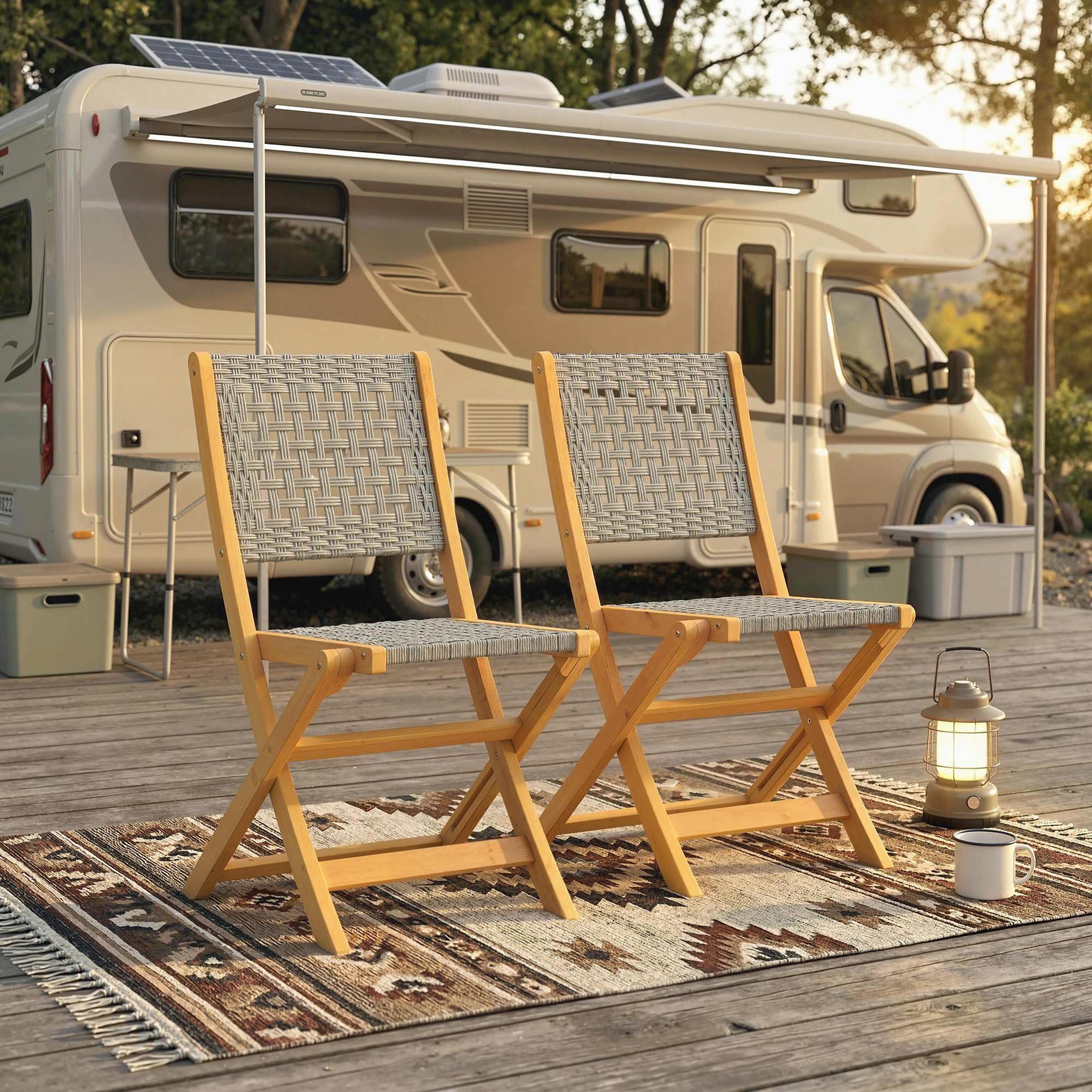 Outsunny Gartenstühle 2 Stück FSC Akazienholz Klappstuhl mit Atmungsaktiv Sitz angenehme Sitzhöhe, Gartensessel aus Massivholz & Polyrattan Balkonstühle Stuhlset für Garten Balkon Terrasse Grau