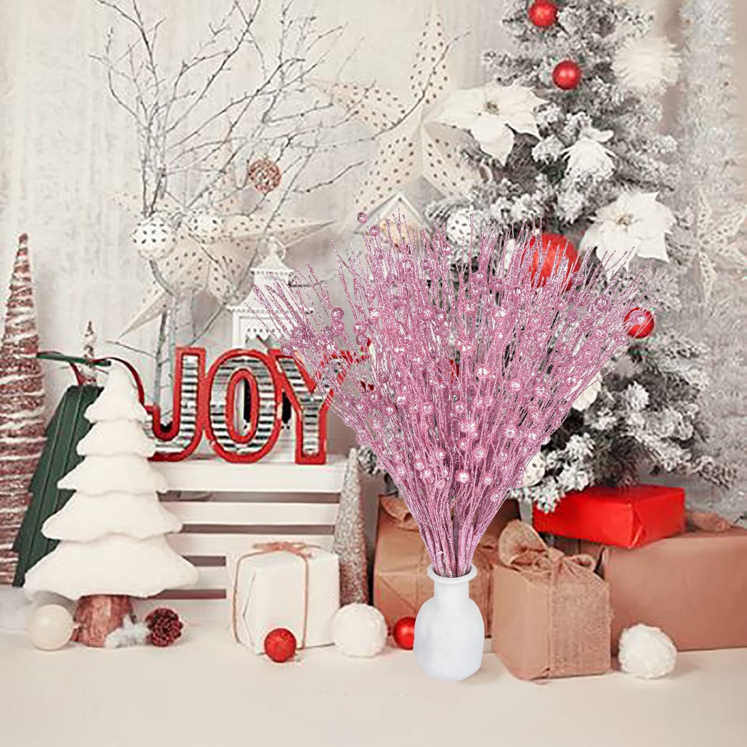 DearHouse 22 Pcs Pack Christmas Glitter Berries Stems,16.5 Artificial Christmas Picks for Festival Holiday Crafts and Home Decoration … (Pink)