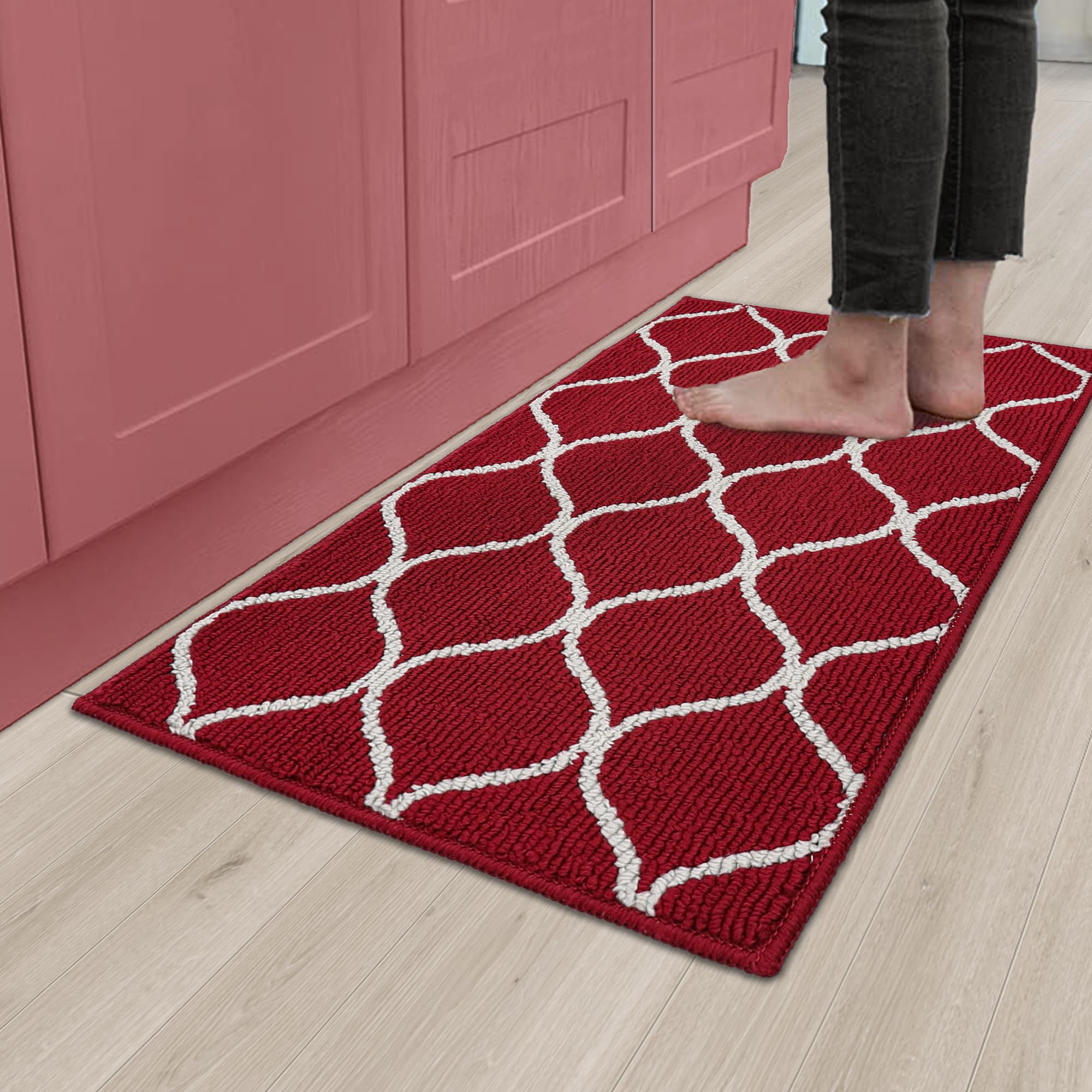 COSY HOMEERKitchen Runner, Non-Slip, 50 x 80 cm, Kitchen Rug, Washable, Non-Slip, Dirt-Repellent, Machine Washable for Kitchen, Laundry Room, Entrance, Hallway, Wine Red