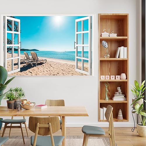 Miniatura 5 de Adhesivo de pared 3D para ventana falsa de paisaje marino de playa, palmera tropical extraíble, vista al mar, calcomanías de pared falsas para