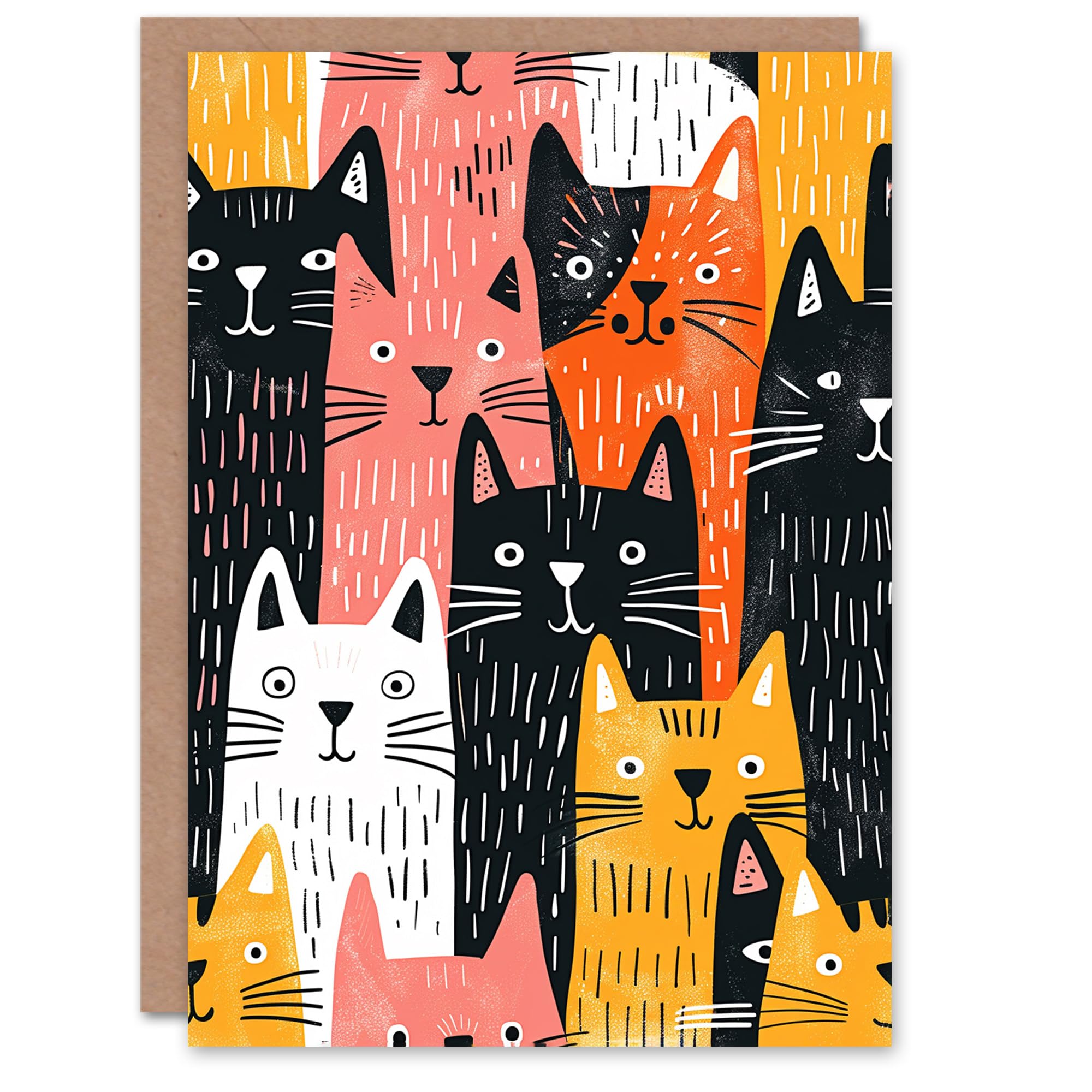 Artery8 Birthday Card Cute Cat Face Pattern Design Blank Arty Art All Occasion Greeting Card