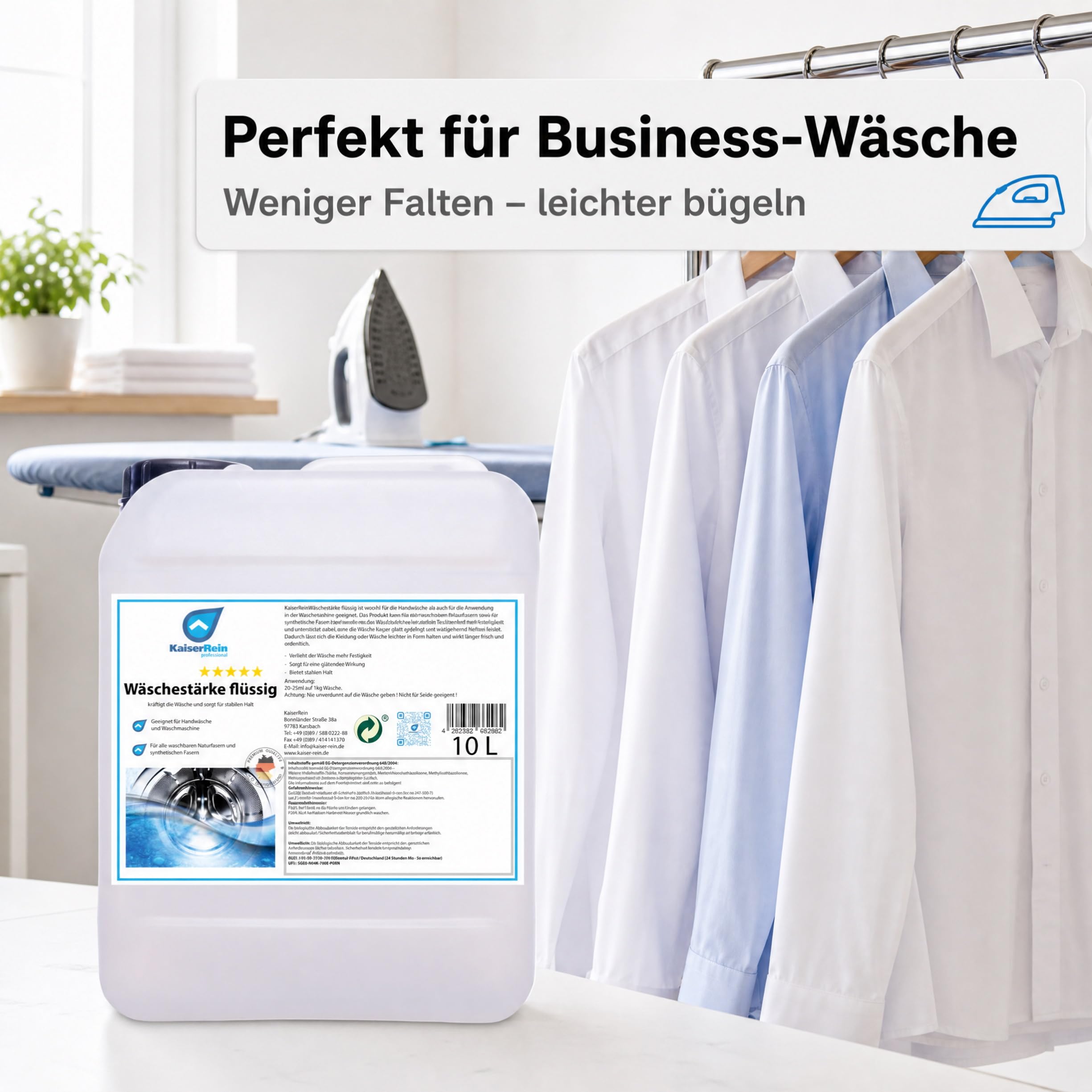 KaiserRein Wäschestärke flüssig 10 L, Wäschesteife für stabilen Halt & glattes Finish, Bügelstärke für Waschmaschine & Handwäsche, für Natur- & Synthetikfasern (nicht für Seide), dosierbar