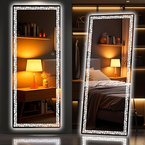 Hasipu Espejo LED de 62 x 23 pulgadas de longitud completa, espejo de longitud completa con luces, patrón de flores de póquer, espejo LED de