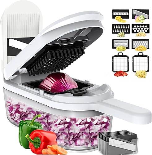 BASSWOOD 10 en 1 artículos esenciales para el hogar y cocina, picador de verduras de 8 cuchillas, rallador de queso, rebanador de cebolla y papas,