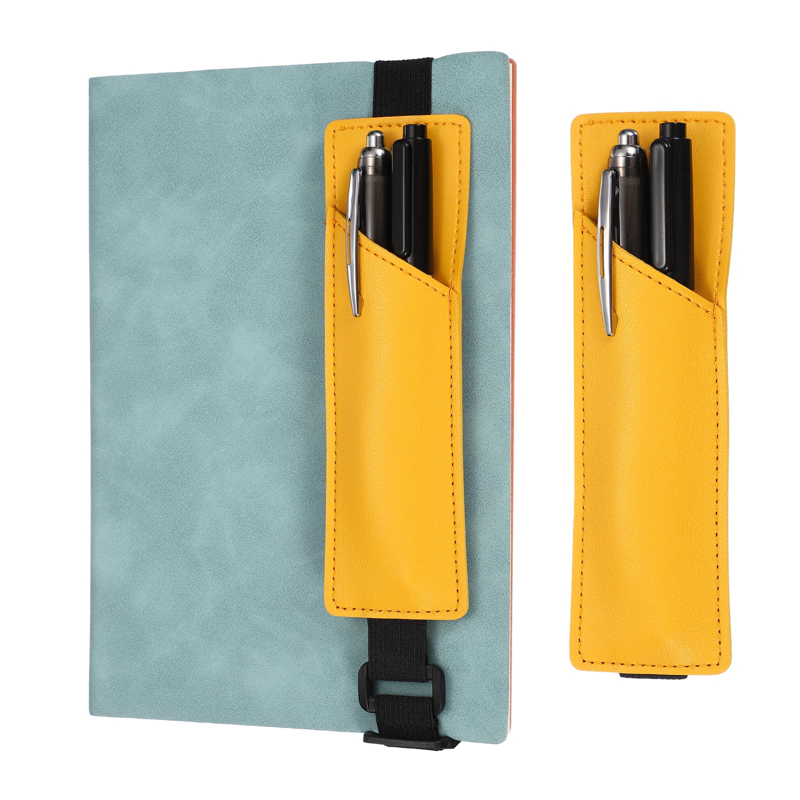 PATIKIL Elastic Band Pen Holder, 2 Pcs PU Leather Pen Sleeve with Adjustable Elastic Band for Office Supplies Notebook Planner Journal Ballpoint Pencils Touch, Yellow