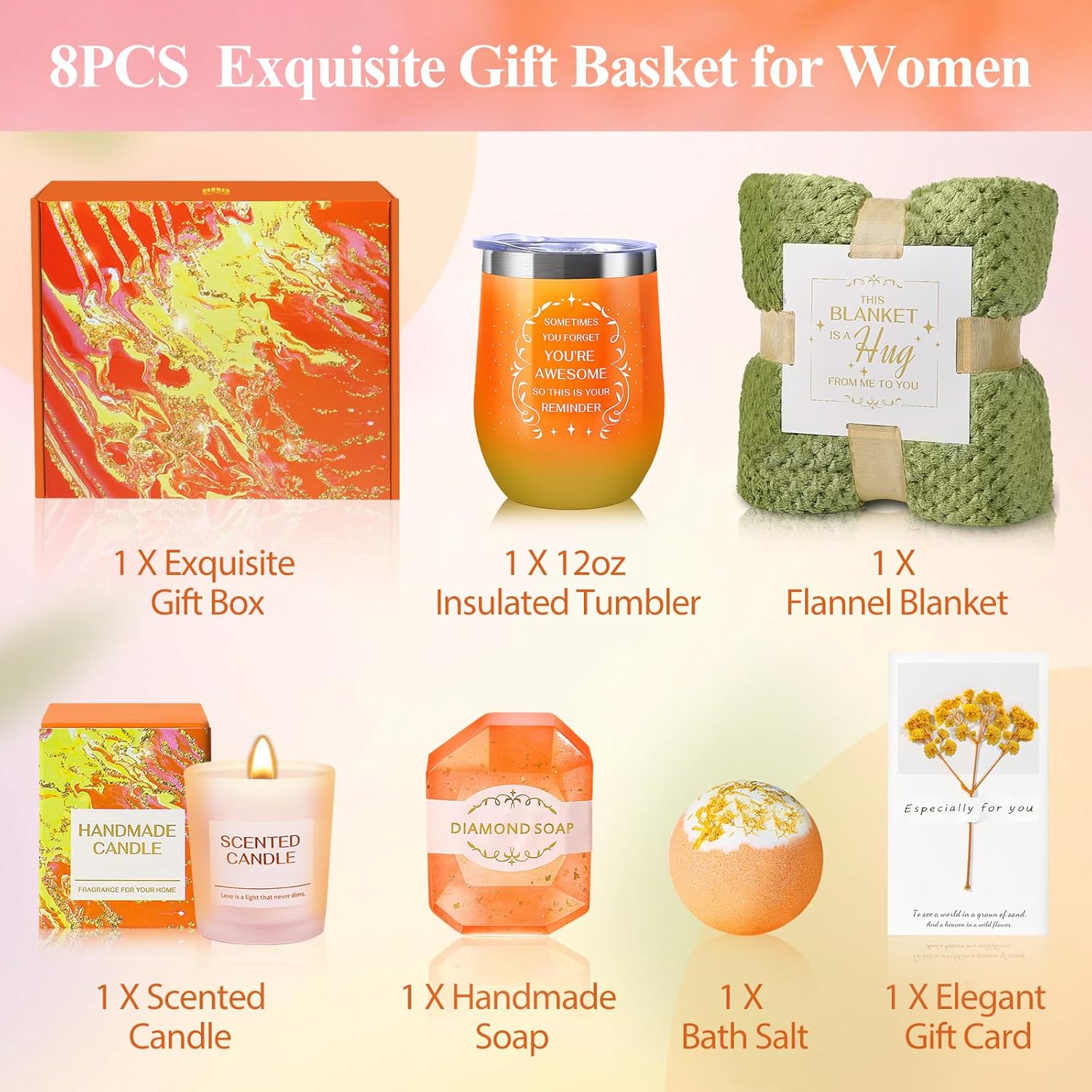 Birthday Gifts for Women, Valentines Day Get Well Soon Self Care Retirement Inspirational Gifts Basket with Flannel Blanket for Mom, Grandma, Sister, Wife, Girlfriend, Anniversary (Orange) - Image 2