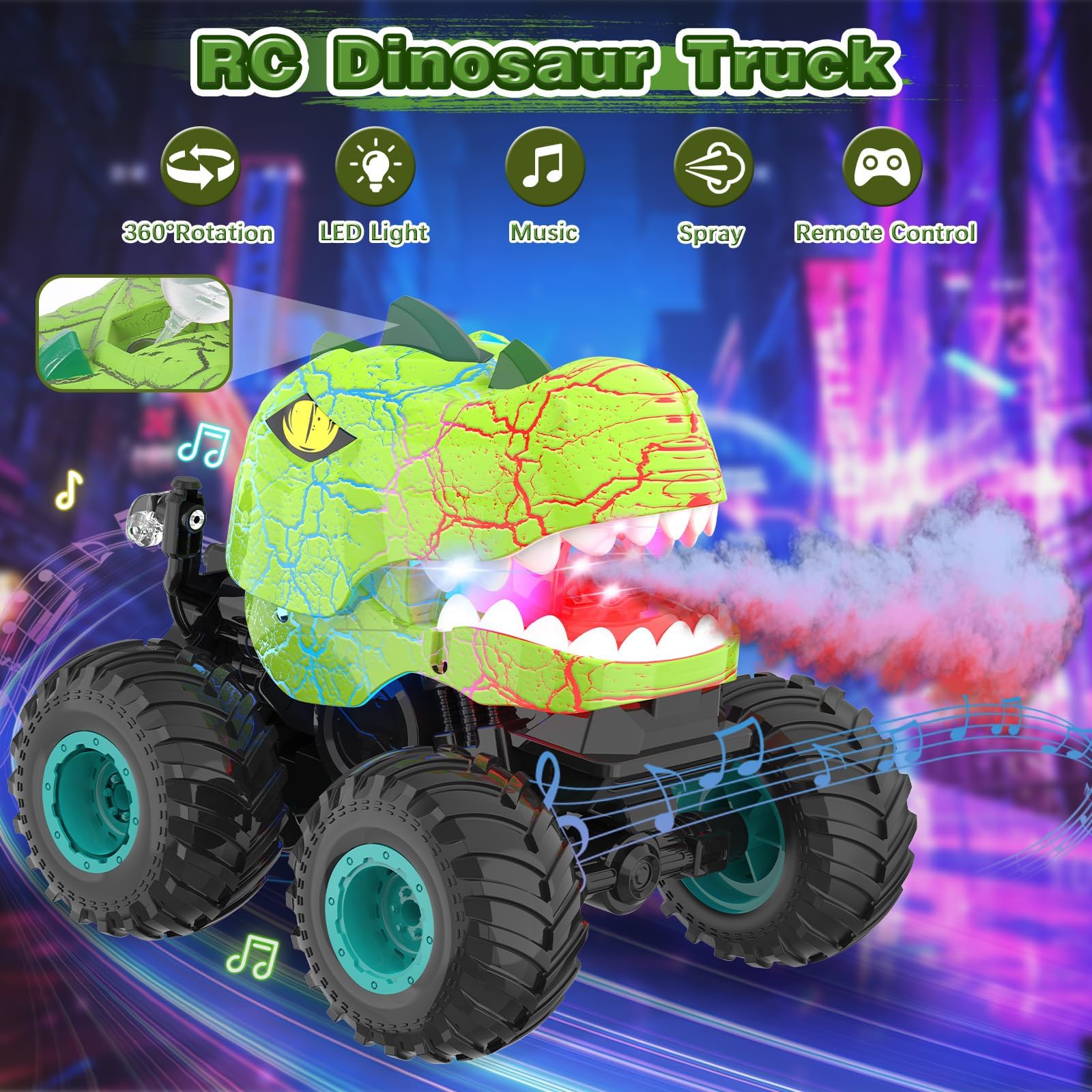 Zdalnie sterowana ciężarówka z dinozaurami, 2,4 GHz RC z funkcją spryskiwania, światłem i dźwiękiem, obracana o 360°, zabawka dinozaura dla chłopców od 3, 4, 5, 6, 7, 8, 9 i 10 lat (zielona)