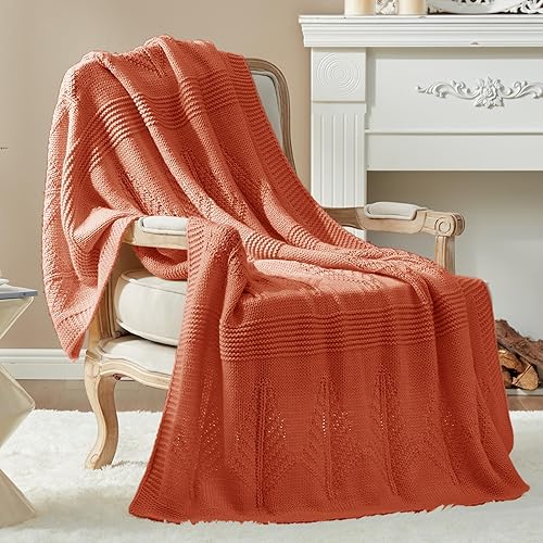 Amélie Home Manta de punto hecha a mano con textura de hoja, gruesa, cálida manta decorativa de granja para sofá, cama, sofá, silla, naranja arce,