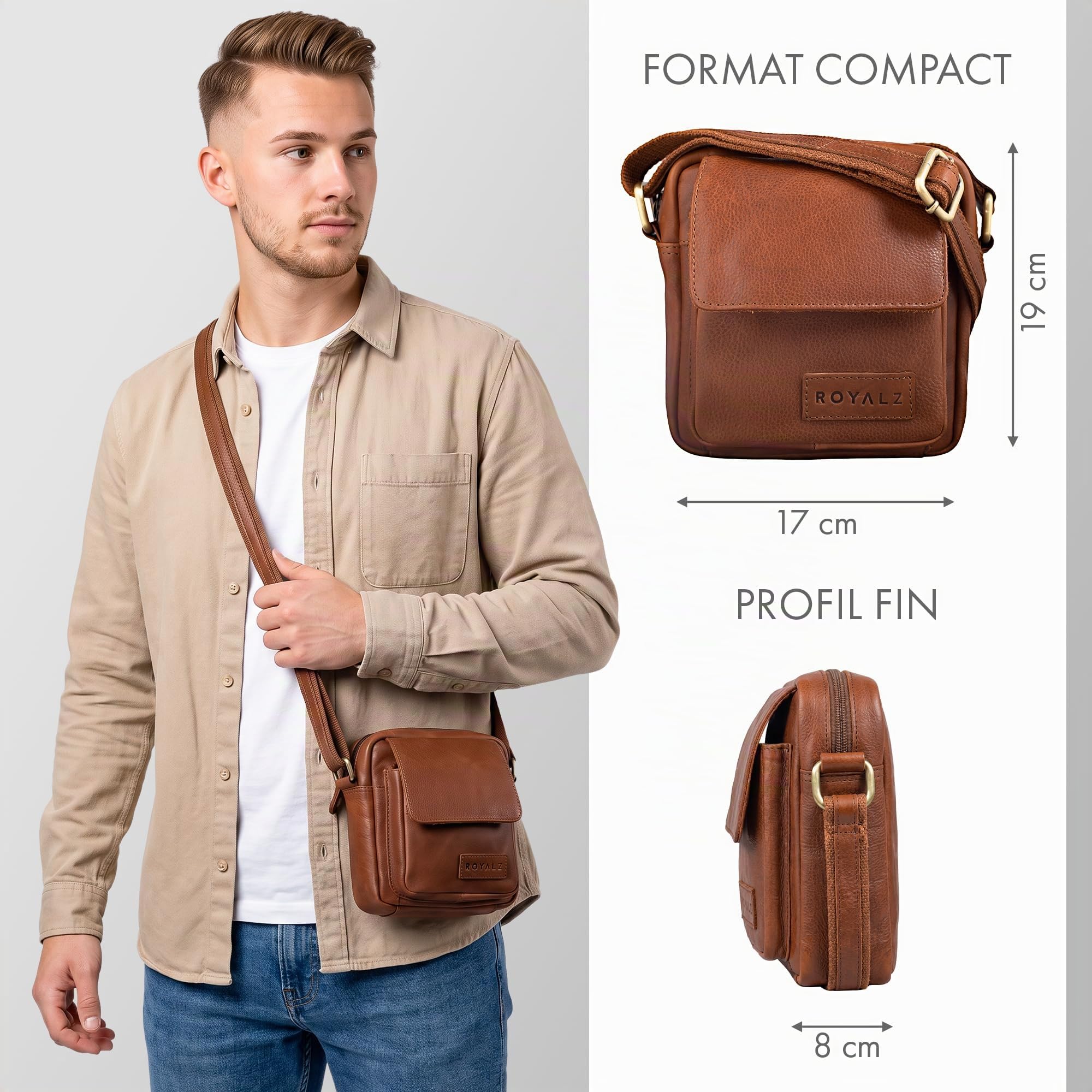ROYALZ 'Austin' Sac d'épaule Petit pour Hommes en Cuir Véritable - Petite Sacoche Homme Bandouliere Cuir Vintage Messager Besace