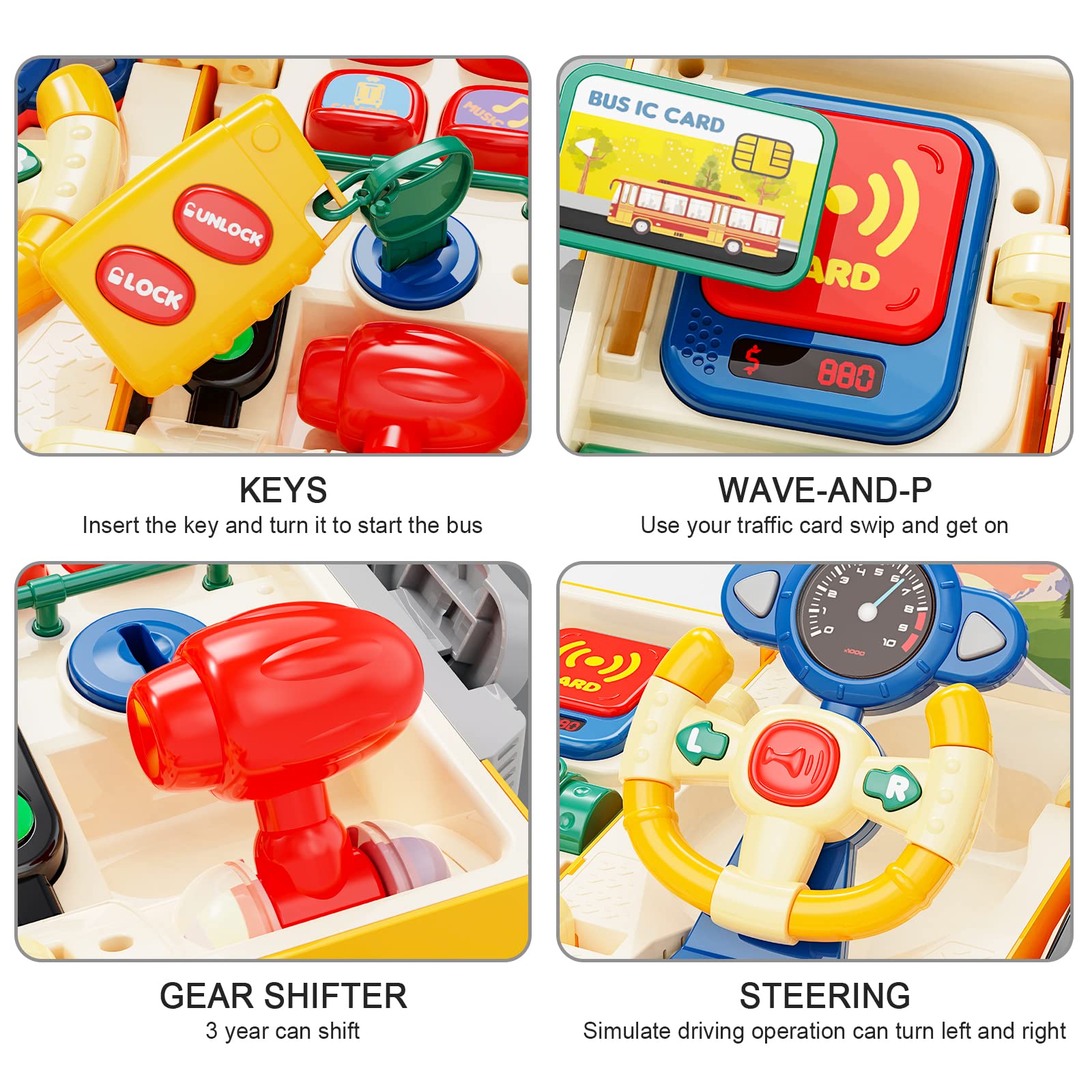 Schulbus Spielzeug mit Ton und Licht, Simulation Lenkrad Getriebe Spielzeug, Kleinkinder Schulbus Spielzeug mit Musik Bildung Wissen Simulation Fahren Bus Spielzeug, Geschenk für 3-5 Jungen & Mädchen