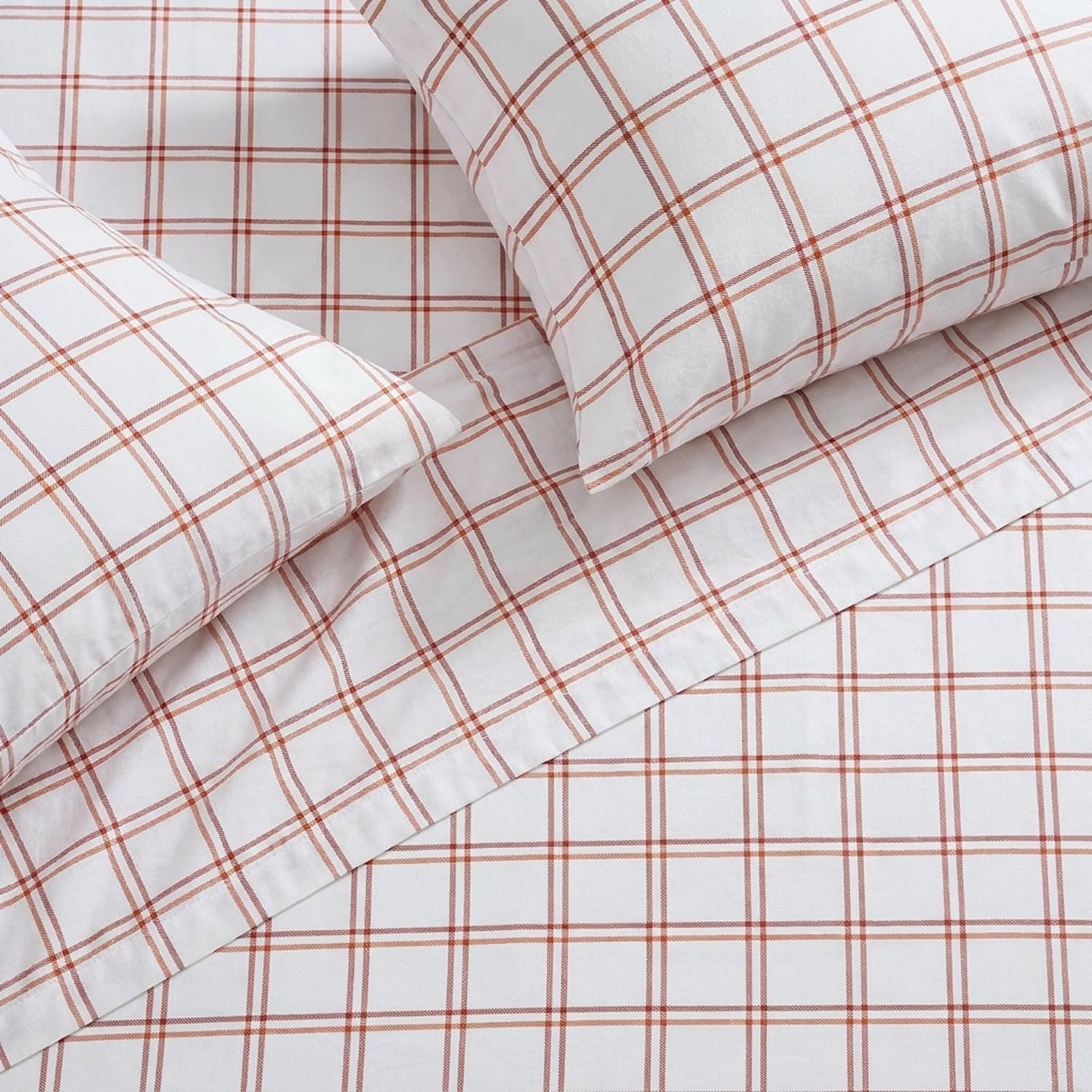 Eddie Bauer - Juego de sábanas Queen, Juego de Ropa de Cama de Franela de algodón, Cepillado para Mayor suavidad, decoración acogedora del hogar (Naranja a Cuadros Westridge a Cuadros, Queen)