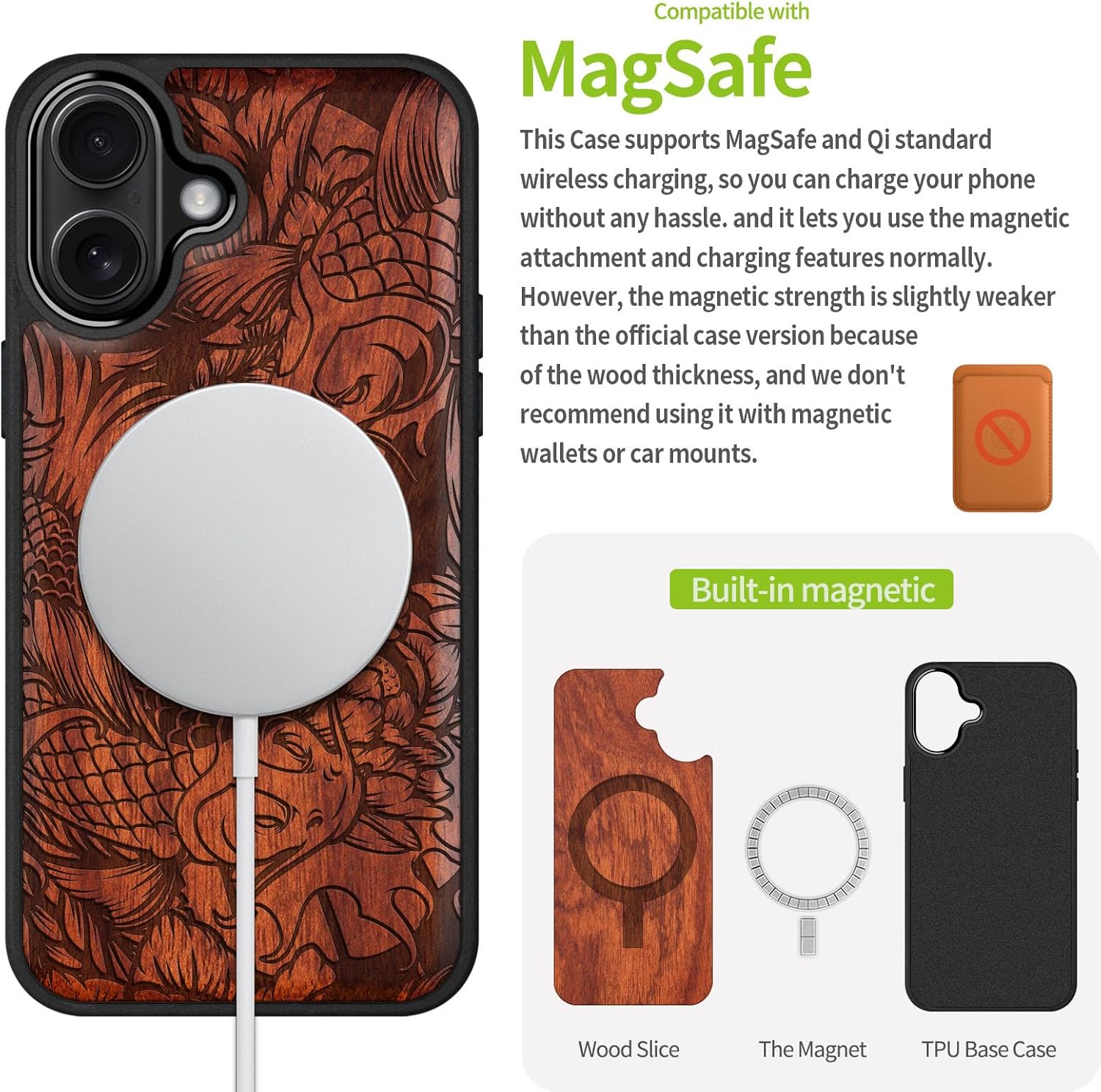 Carveit Magnetic Wooden Case for iPhone 17 Case, Wood Artisan Engraved & Black Soft TPU Shockproof Cover, Compatible with MagSafe Wireless Chargers (Flowing Harmony) Rosy