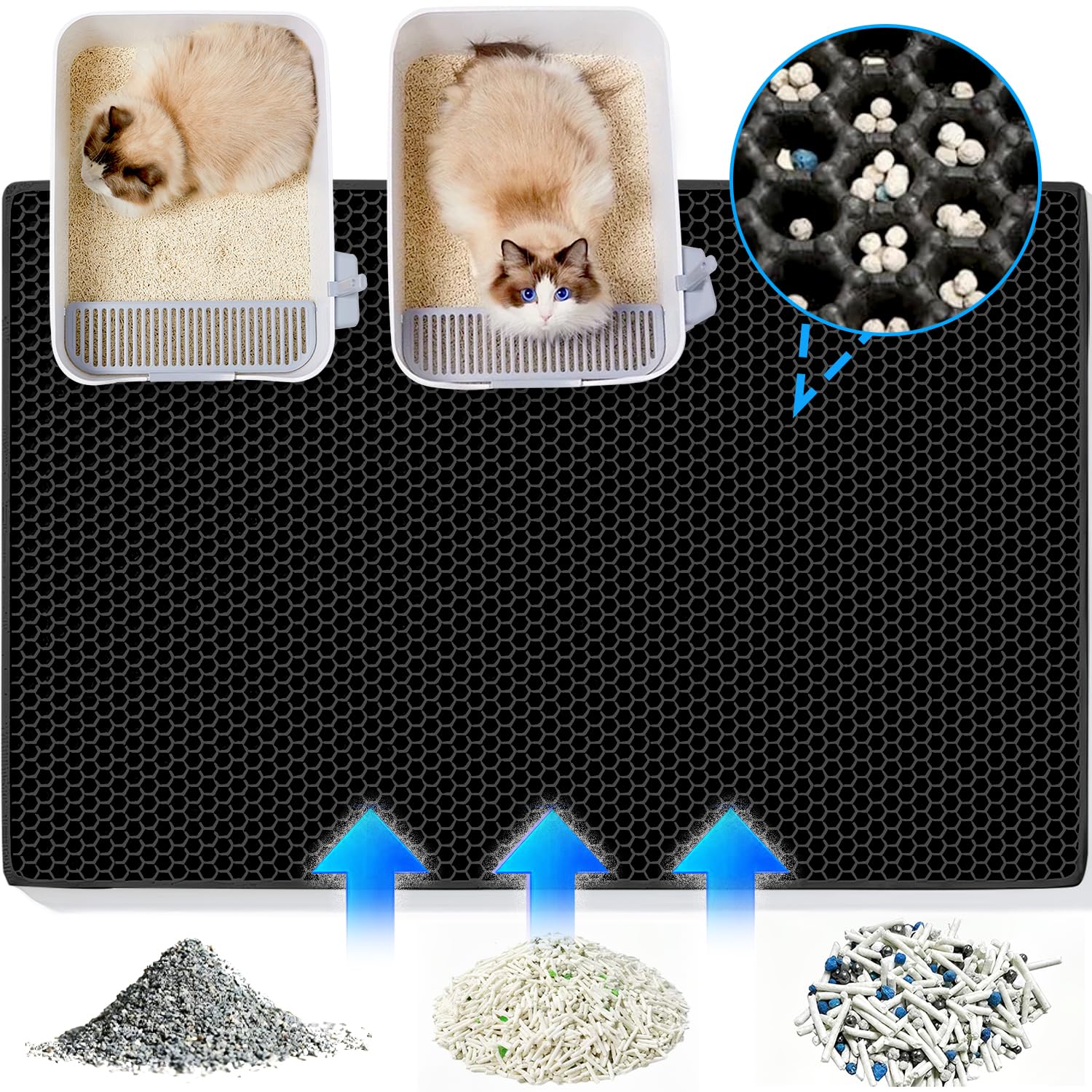 Katzenklo Matte 90X60 CM Doppelte Schichte, Katzenstreu Matte Wasserdicht und Rutschfeste, Waben Design Katzenmatte Katzenklo, Katzenklo Matte Groß xxl EVA Material Schwarz