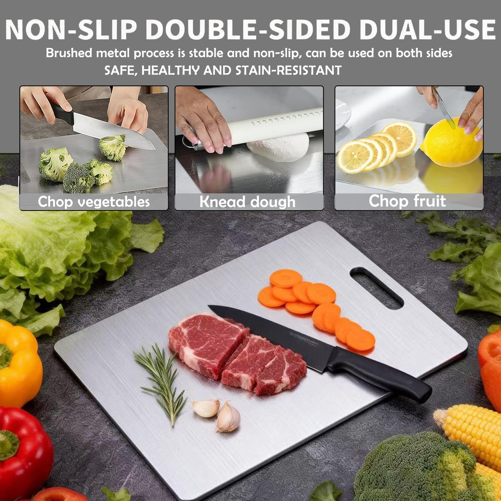 Lot de 3 Planches à Découper Titane & Inox - Double Face Qualité Alimentaire, Non Poreuses Sans Microplastiques, Résistantes aux Odeurs, Hygiéniques pour Cuisine Domestique