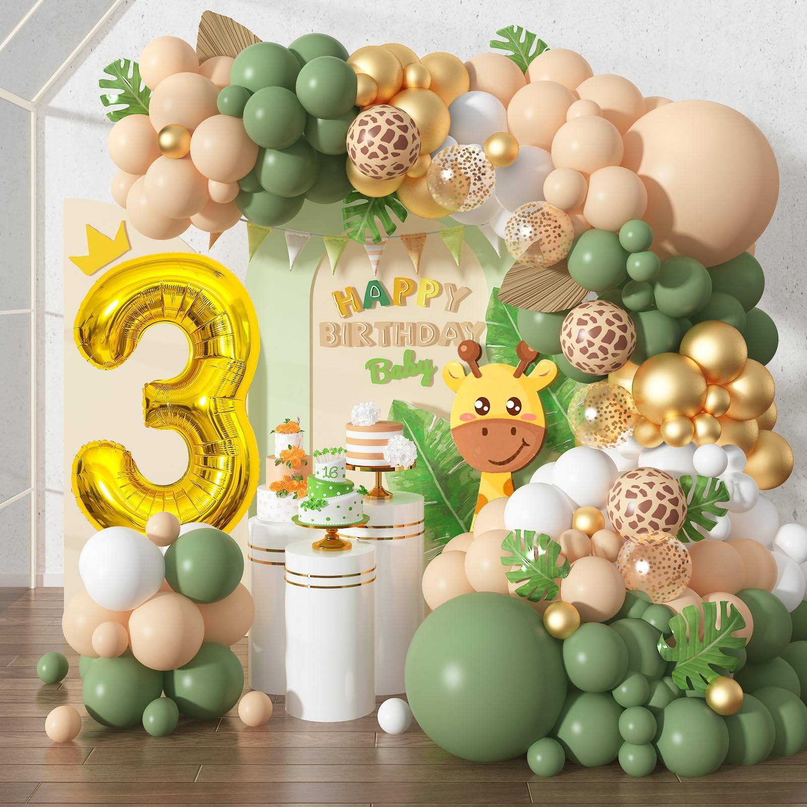 3rd Jungle Safari Birthday Decoration,Dagelar Sage Green Beige White Balloon Garland Kit with Large Gold Number 3 Balloon Giraffe Print Balloon for Girl Boy Woodland Animal Party Baby Shower Decor