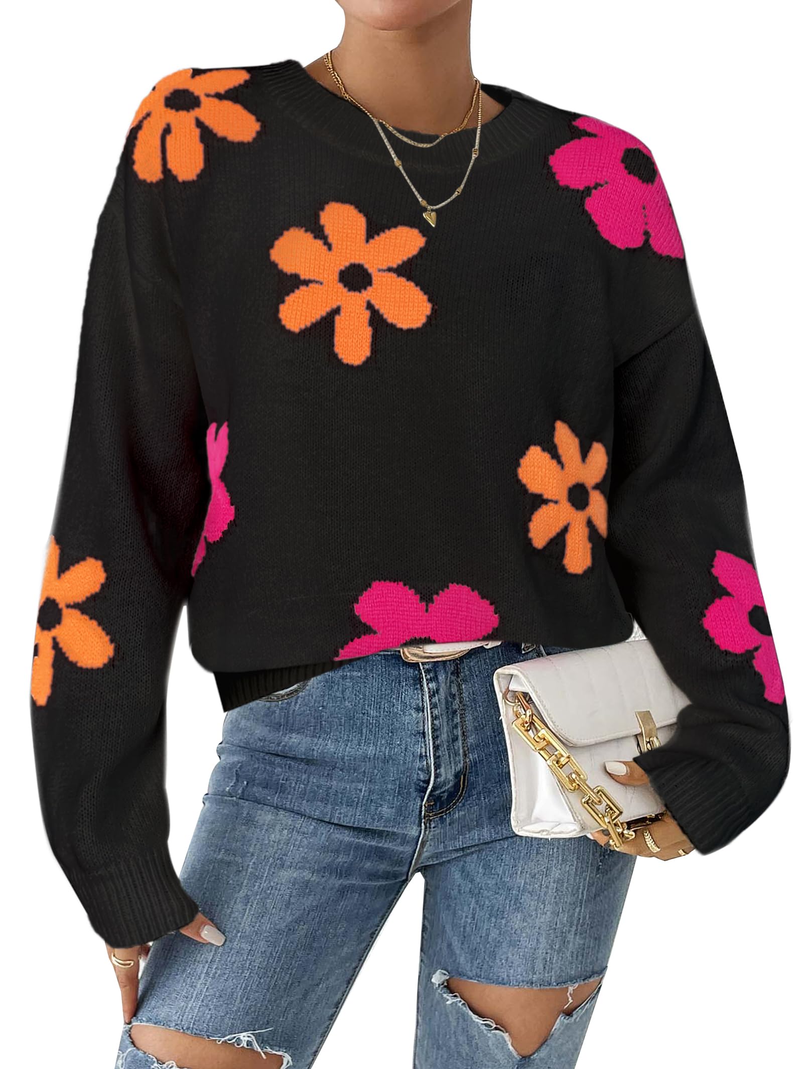 Womens Oversized Cute Flower Sweater Fall 2025 Trendy Vintage Y2k Floral Knit Crewneck Long Sleeve Pullover Tops