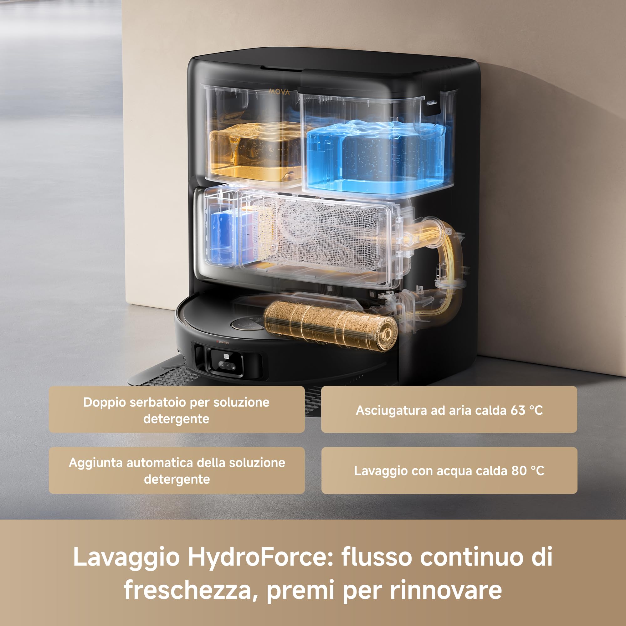 Mova Z60 Ultra Roller Complete Robot Aspirapolvere Lavapavimenti, 28000Pa, Dotato di Lavaggio HydroForce, Tecnologia AutoShield, Telaio LiftPro, Sistema StepMaster 2.0, Lavaggio con DuoSolution