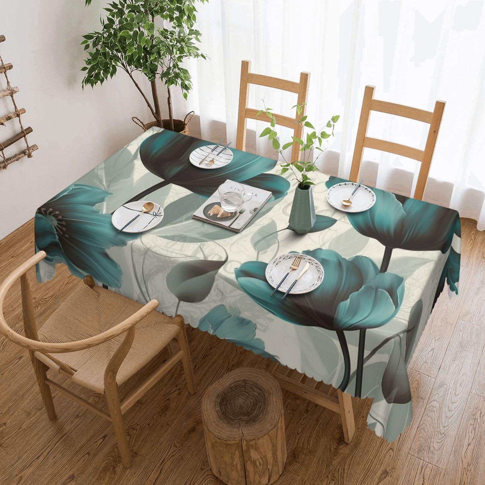 Nappe rectangulaire imprimé tulipes bleu sarcelle pour protéger et décorer la table
