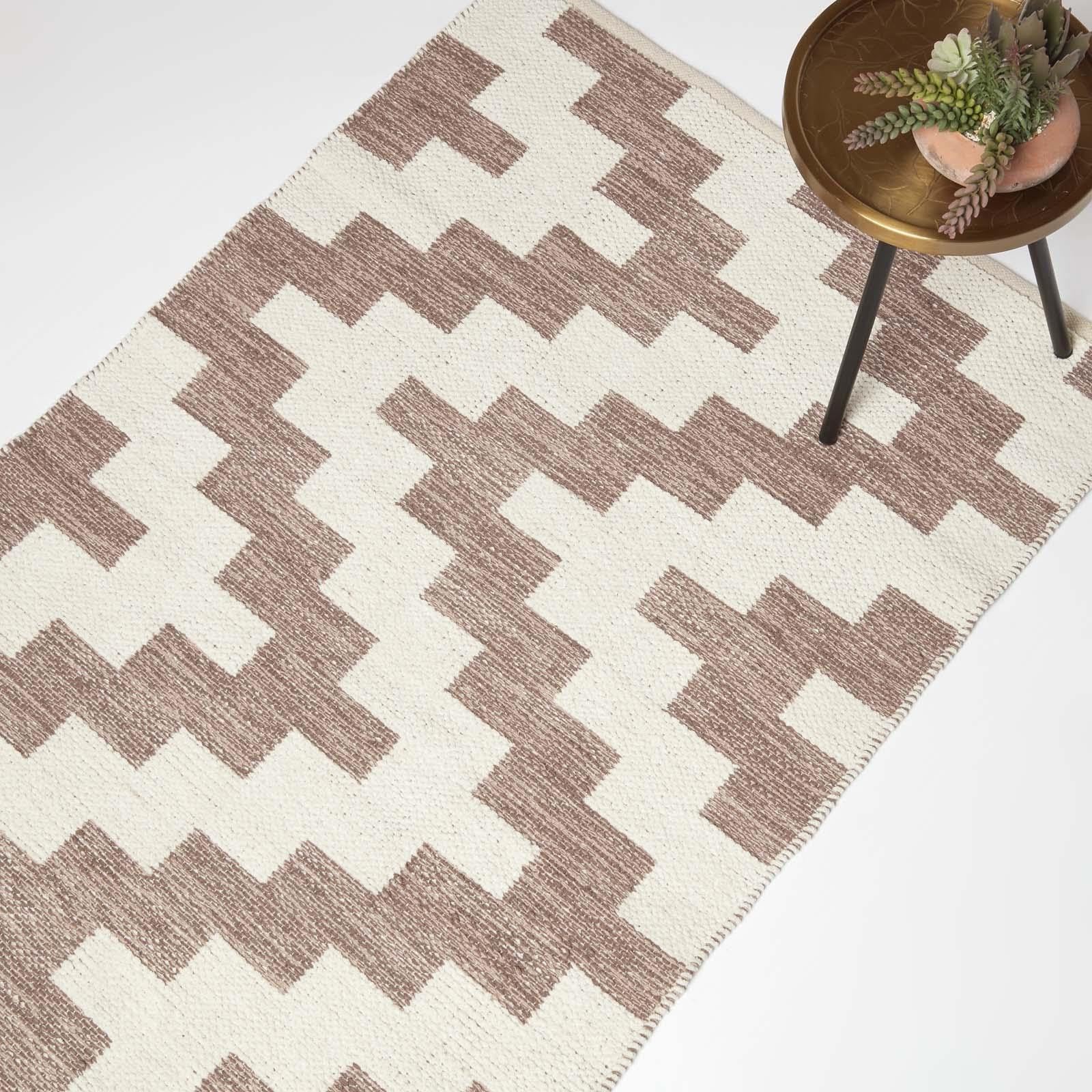 HOMESCAPES Natural & Brown Handwoven Kilim Rug 120 x 170 cm 100% Cotton Living Room Area Rug ‘Malina’ with Traditional Geometric Pattern