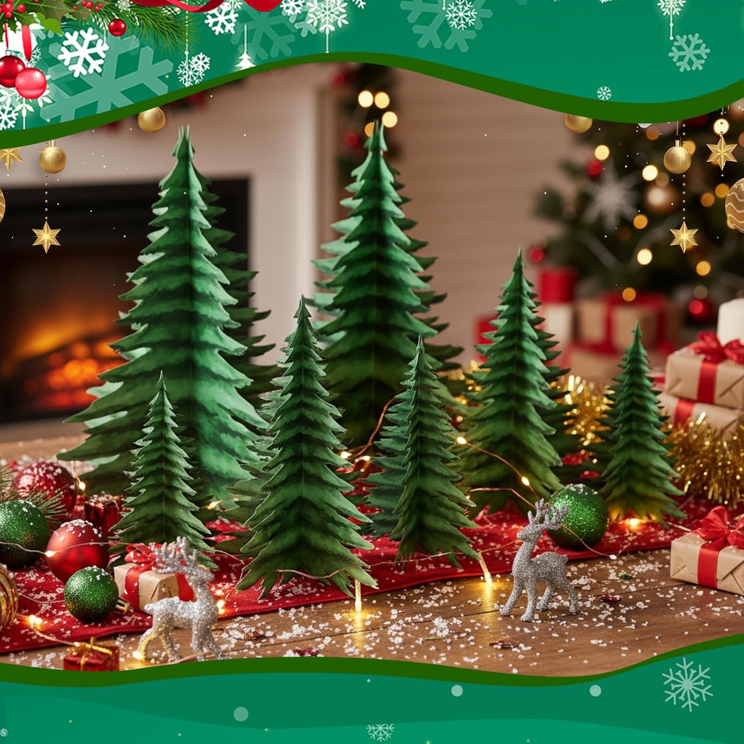 Ctosree 12 Pcs Summer Camping Tree Centerpieces 3D Pine Tree Decor 3 Size for Camping Jointed Cutouts Stand up Decorations Snow Forest Decor, Office Table Decoration