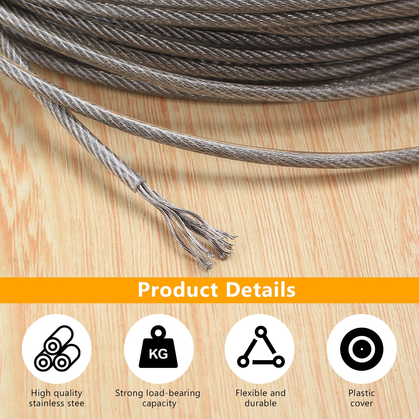Set Cable Acero Inoxidable 7x7 20m x 3mm Cubierto PVC, Kit con 12 Arandelas Aluminio Doble Ojal 3mm