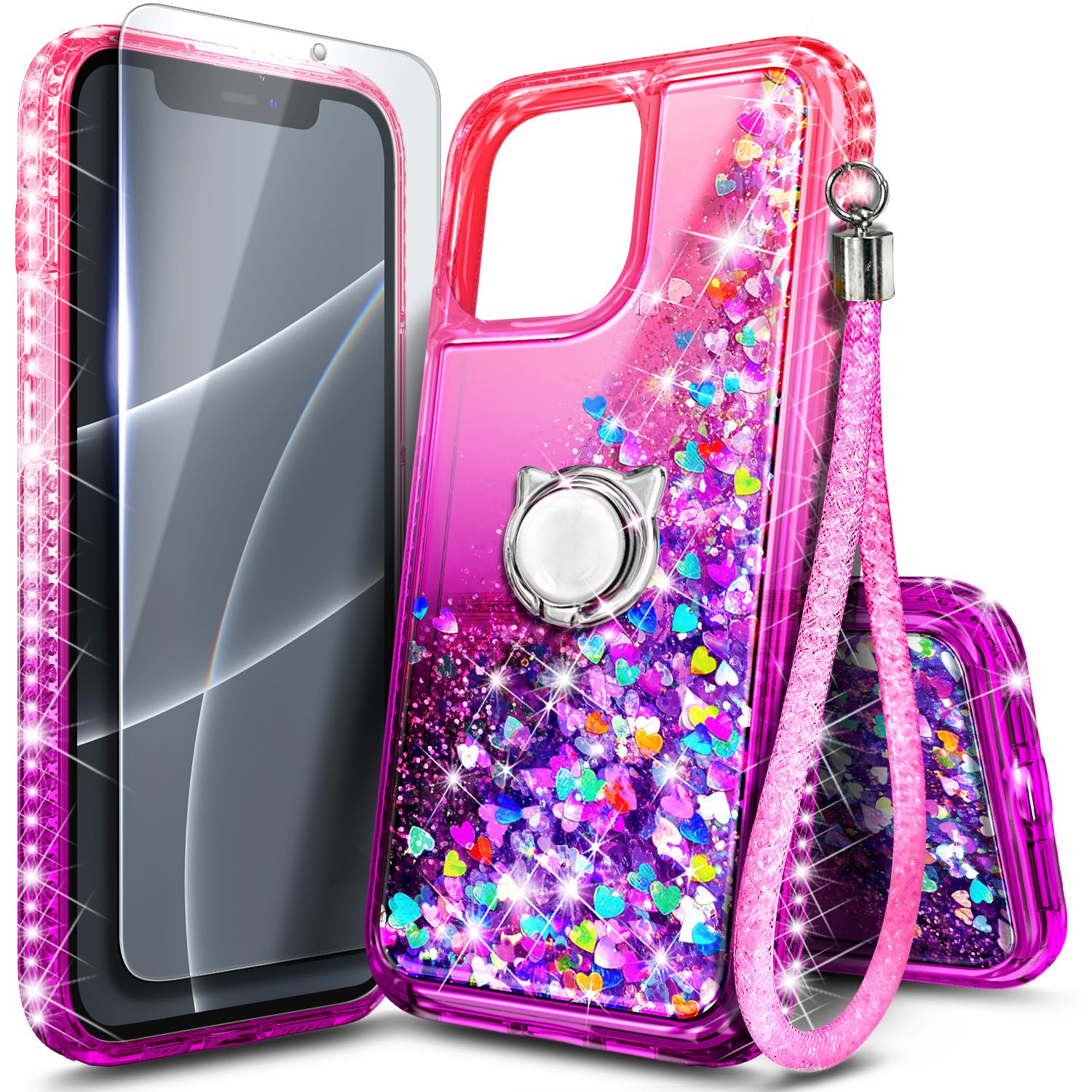 NGB Designed for iPhone 12 Pro-Max Case, Pink/Purple | Glitter Liquid Sparkle Cute Cover for Women Girls Kids | with Tempered Glass Screen Protector & Ring Holder & Wrist Strap