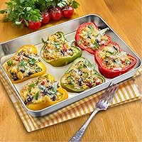 Vista 7 de P&P CHEF Bandeja rectangular de acero inoxidable de 9.3 pulgadas para carnes de brownie y lasaña, bandeja de galletas que cabe en horno tostador