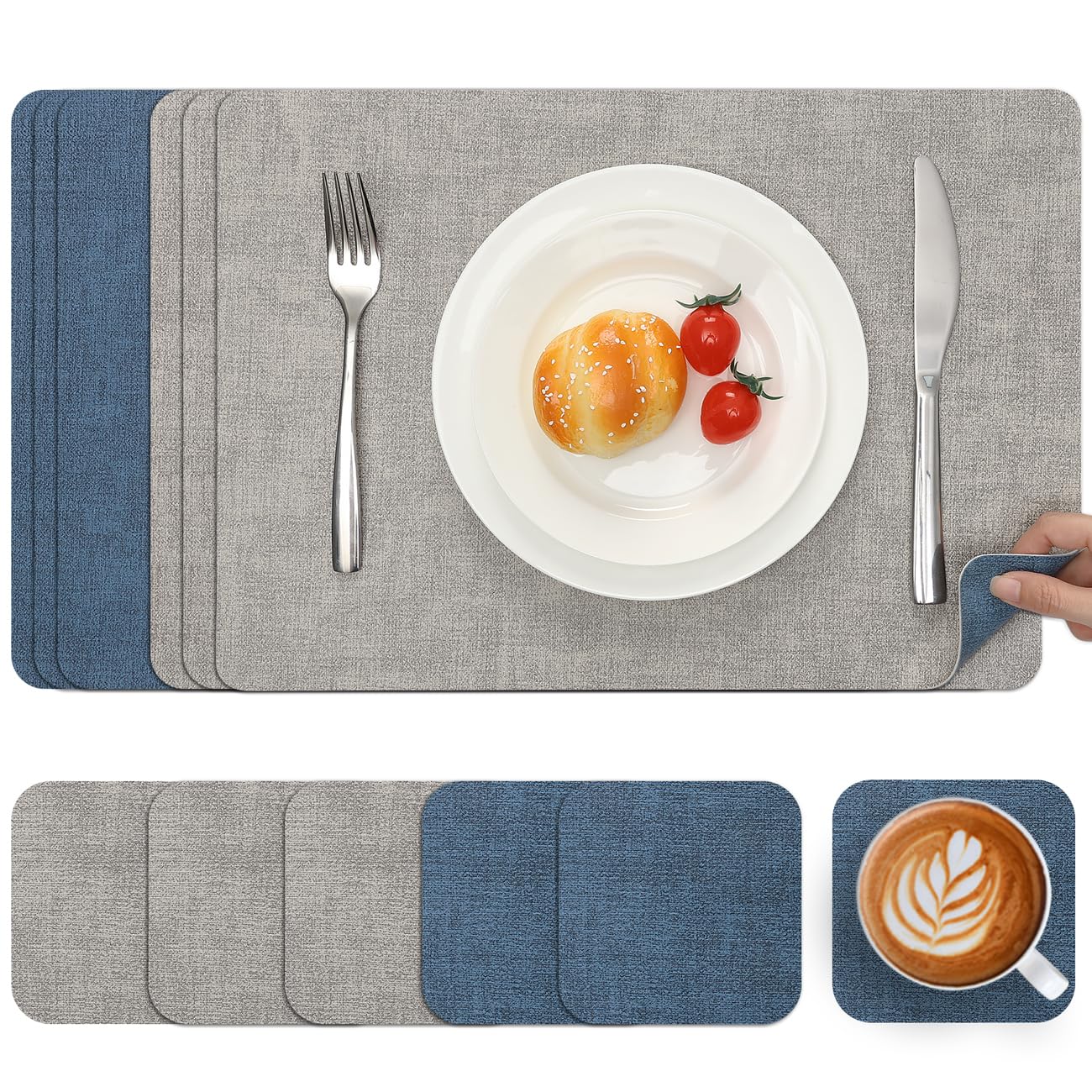 Myir JUN Reversible Vinyl Placemats and Coasters Set of 6, Faux Leather Place Mats Dual Sided Waterproof, Heat-Resistant Table Mats for Kitchen Indoor Outdoor (12" x 17", Light Grey Navy Blue) โ image 1