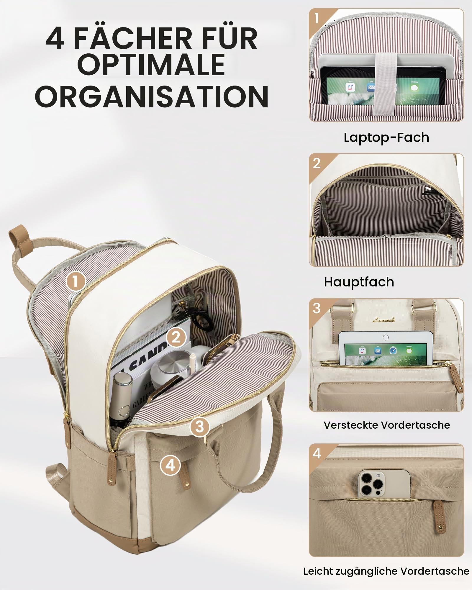 LOVEVOOK Rucksack Damen, 17 Zoll Laptop Schulrucksack Reiserucksack Wasserdicht Arbeitstasche Backpack Women Groß Schultasche Teenager Mädchen Elegant für Schule Uni Reise Arbeit Büro, Beige