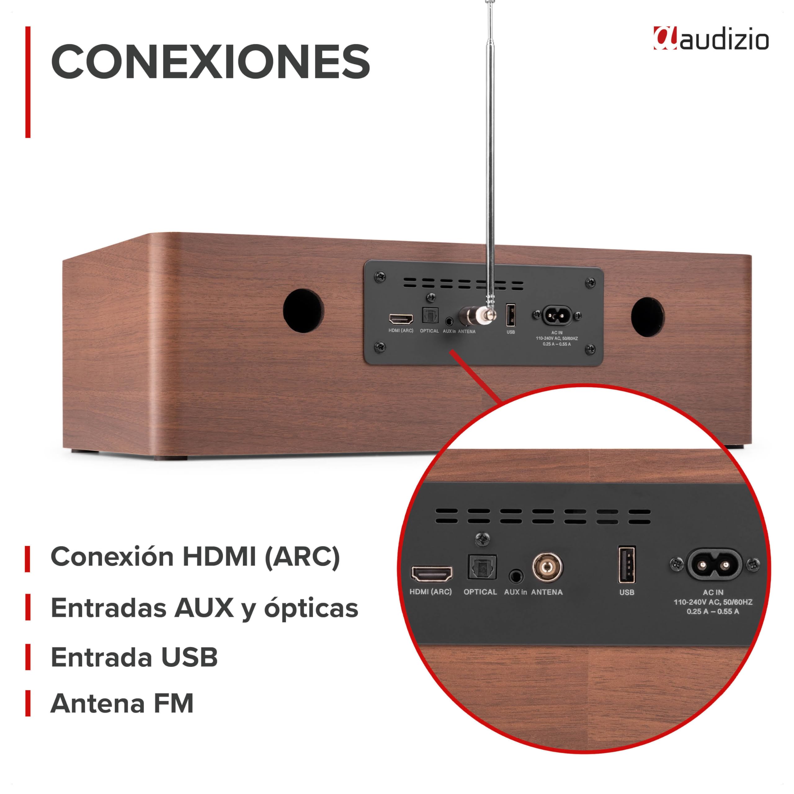 Audizio Lunata – Radio Dab+ y FM con Reproductor de CD, Bluetooth 5.3 y Potencia de 100W, Sistema Multimedia con HDMI ARC, USB y Altavoces estéreo, Acabado en Madera Oscura
