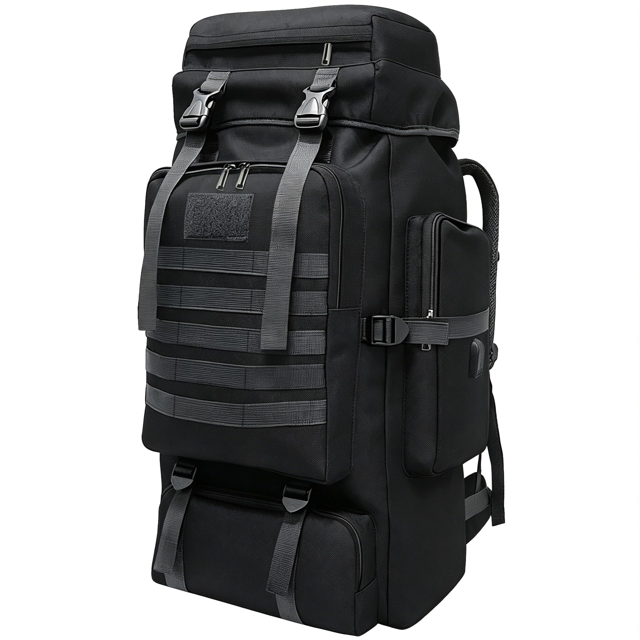 Zaino da viaggio, 80 l, tattico militare, ispessito, regolabile, impermeabile, grande capacità, Connettore USB nero