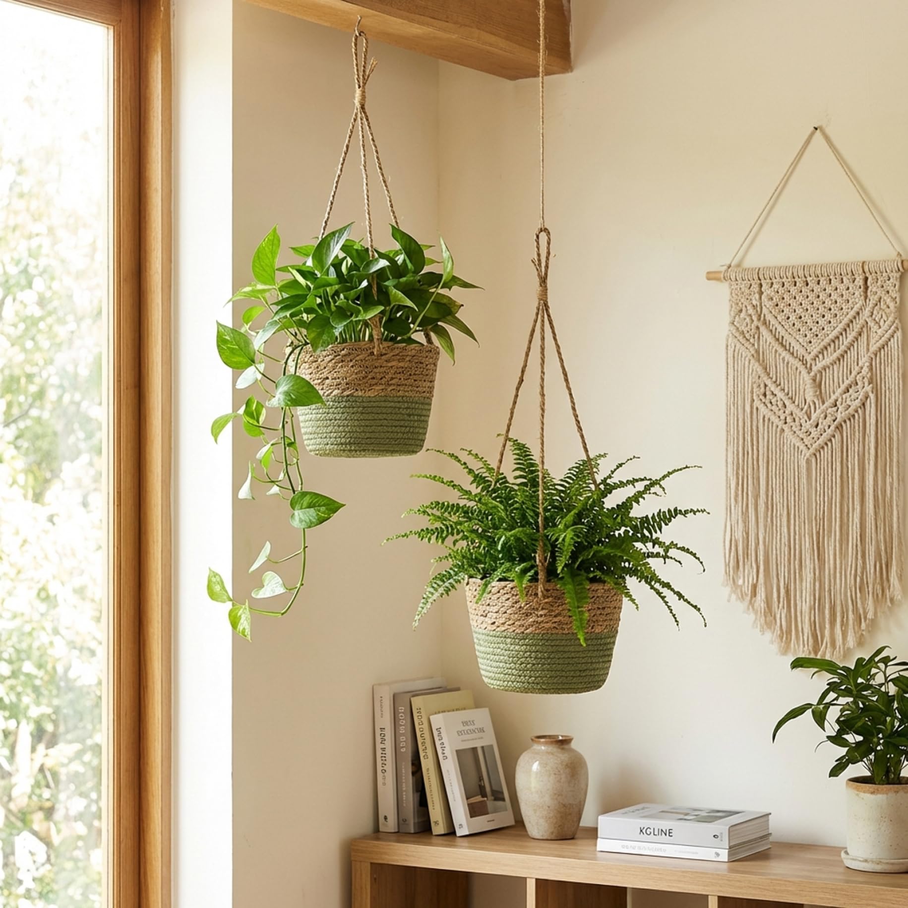 Confezione da 2 cestini sospesi Fioriera sospesa per interni in marina naturale con gancio in rattan intrecciato a mano per decorazioni per la casa Boho, esposizione di piante per giardino