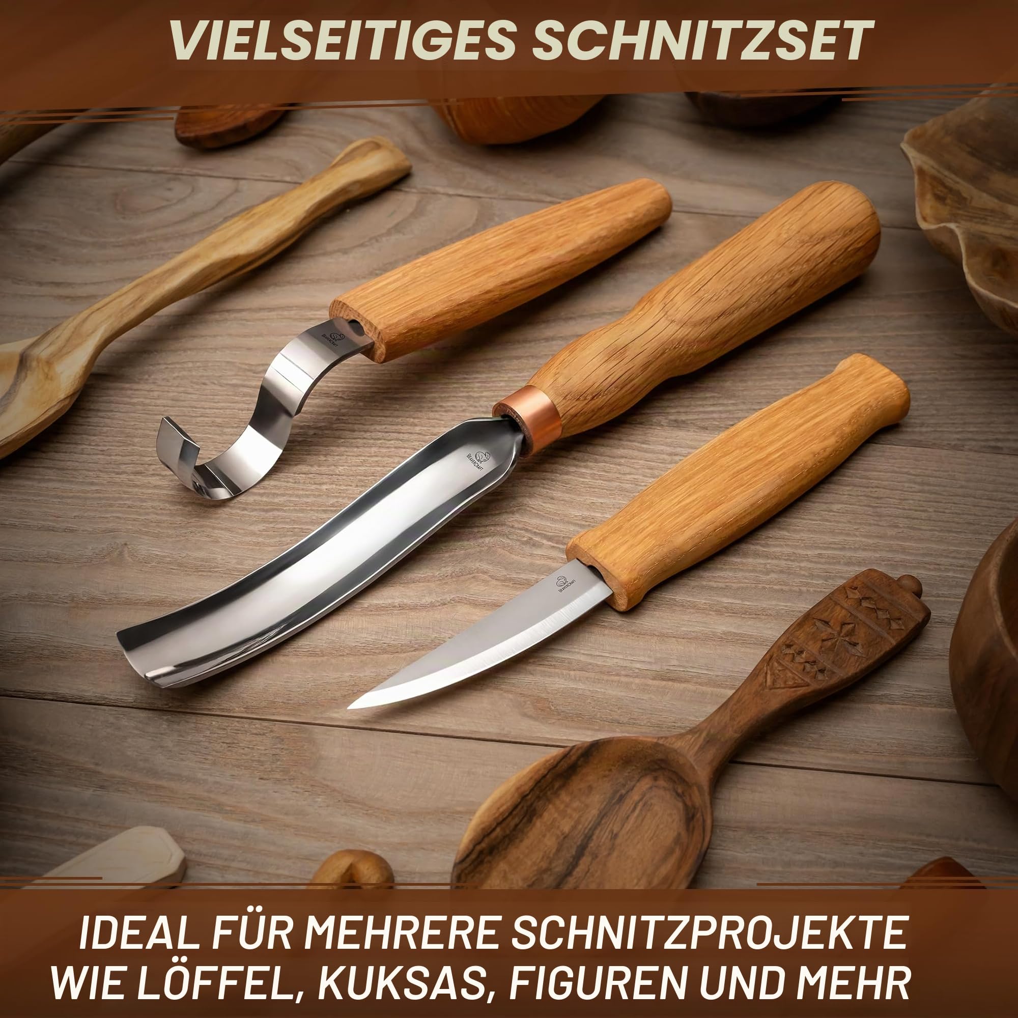 BeaverCraft Holzschnitzmesser Set S14 – Löffelschnitzwerkzeuge mit Hakenmesser, Schalenhohleisen & Meißeln – Schnitzset für Anfänger – Hobby Schnitzmesser Set
