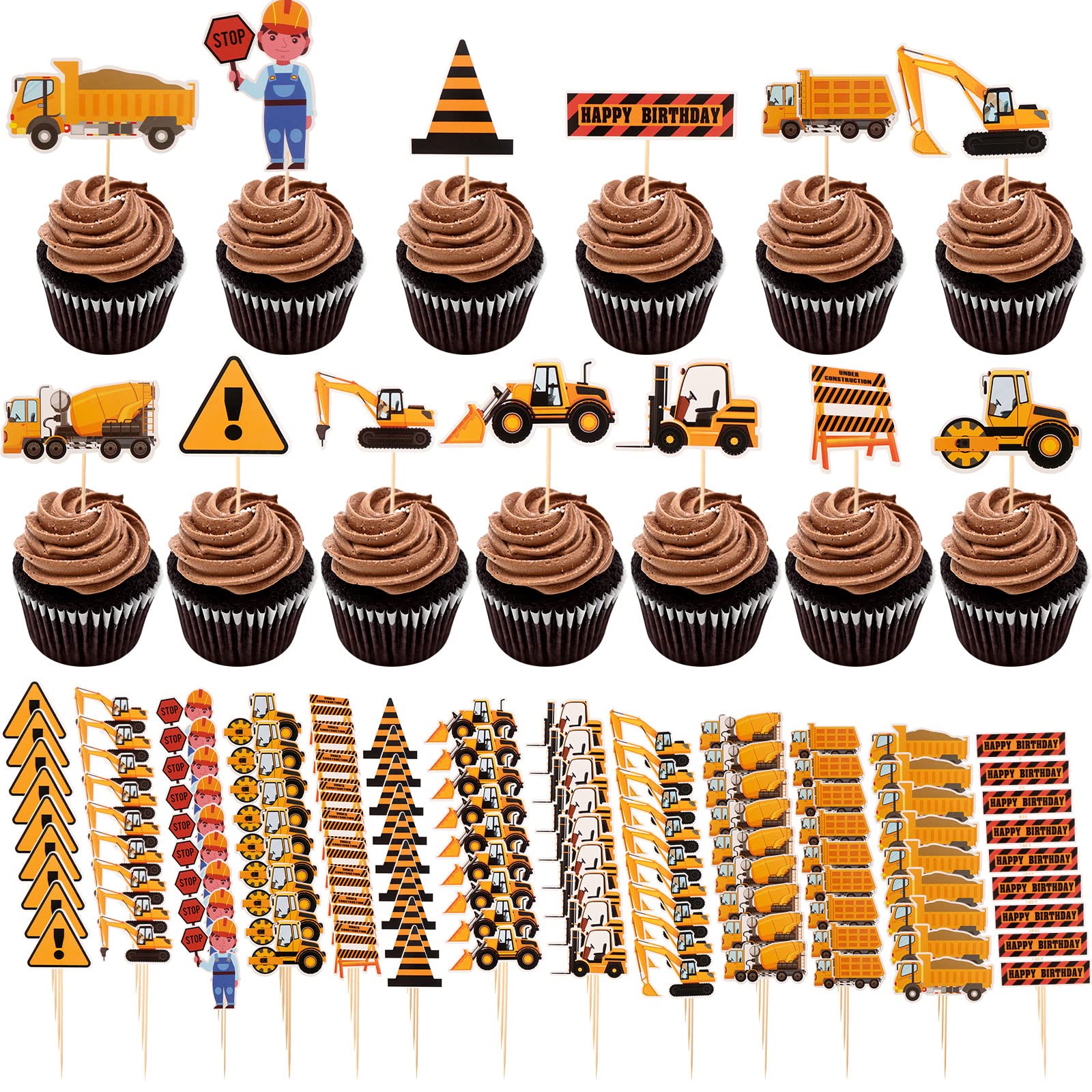 Cupcake-Topper Bauarbeiter-Set – 12 Stück Mit Baggern, Lastern & "Happy Birthday", Für Mottopartys