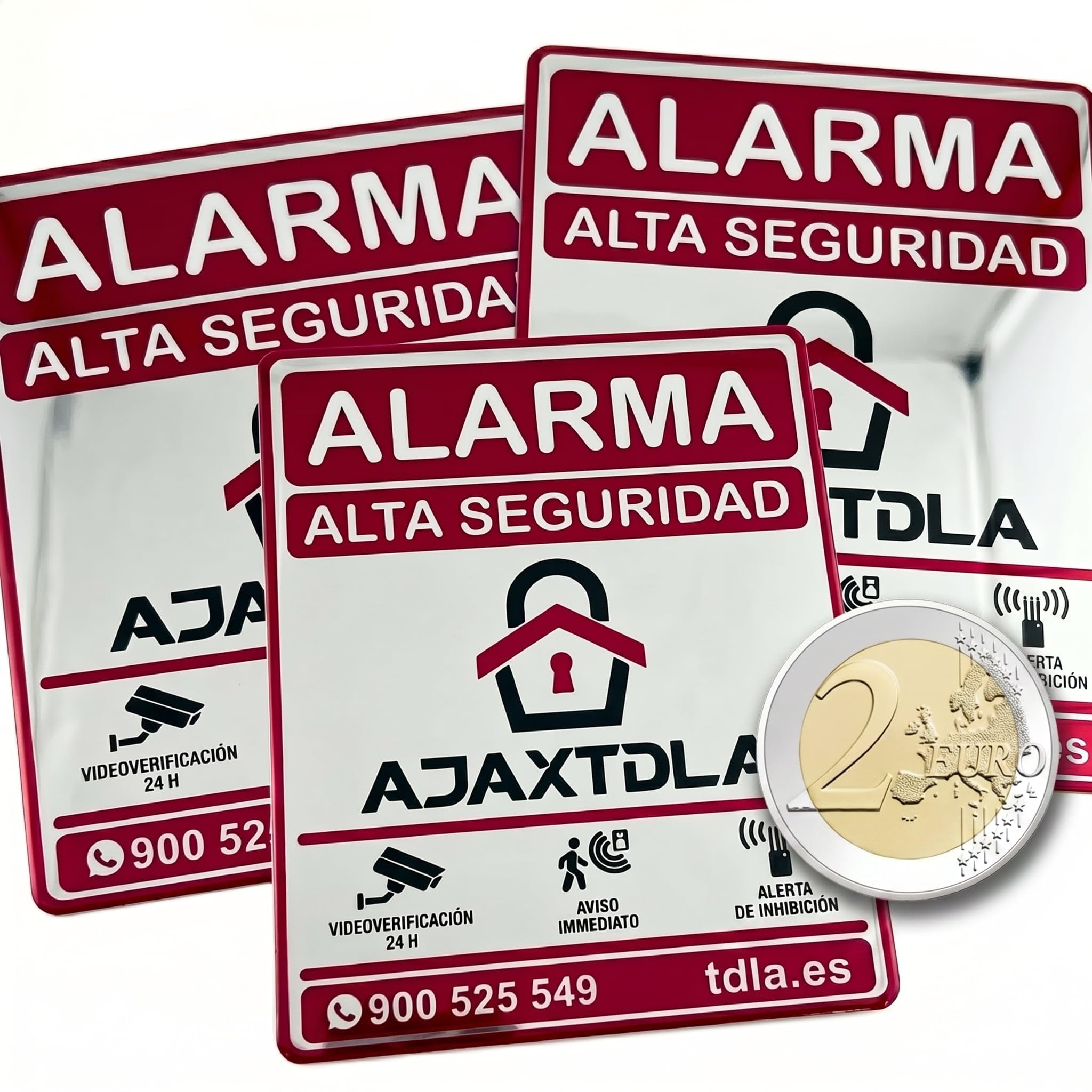 3 Disuasorios ORIGINALES Alarma | NO PARECE REAL, LO ES. | SuperAdhesivos ALUMINIO resistente agua. PUERTA VENTANA BUZON - ROJO Cartel - 6,5X5CM - 3 Unidades - Cartel Videovigilancia y Alarma