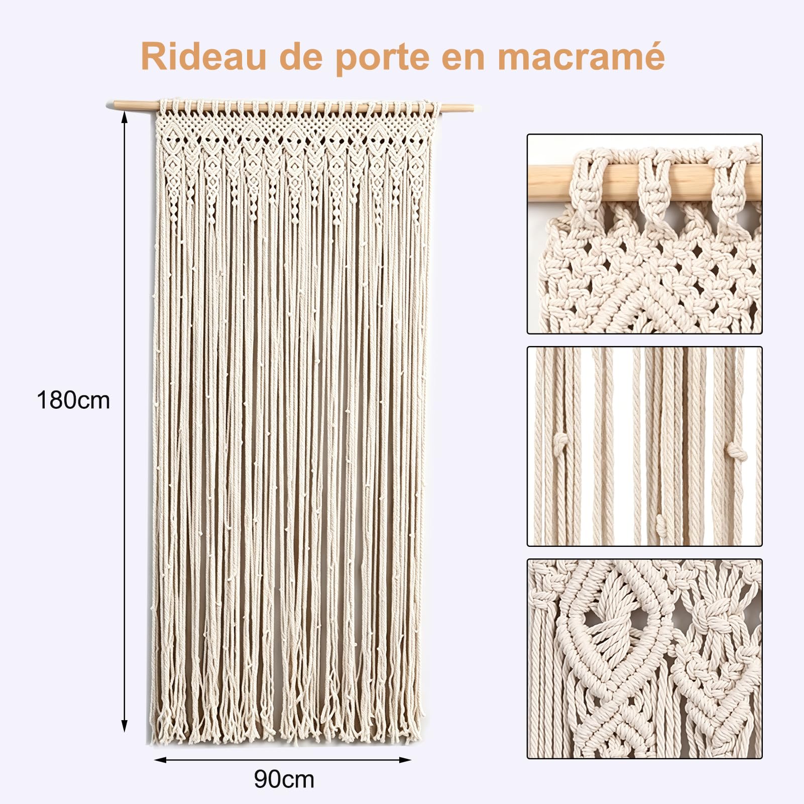 Rideau de porte tissé à la main, tapisserie murale en macramé pour décoration de fond de mariage, tapisserie tissée à la main, beige (90 x 180 cm)
