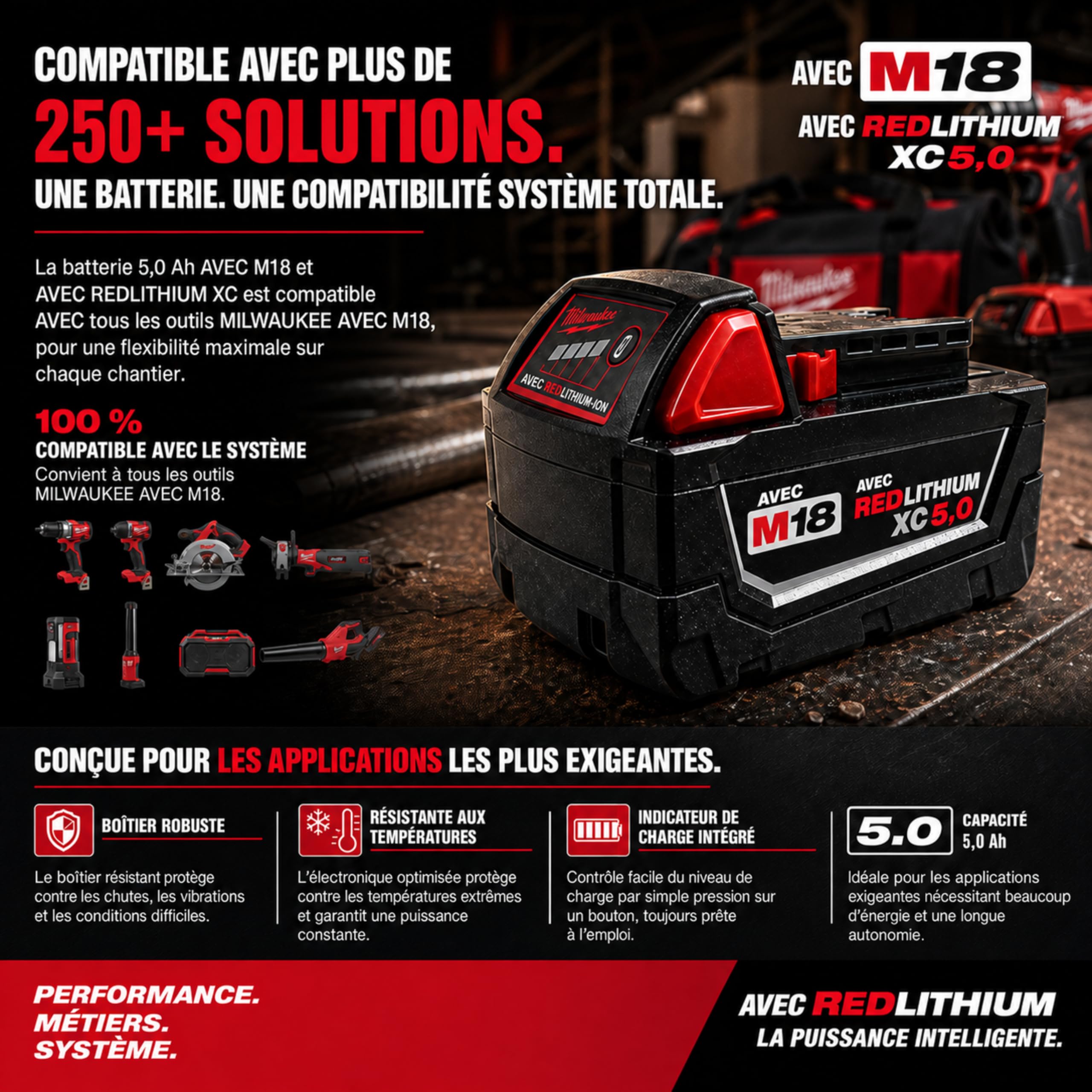 Batterie 18 V 5,0 Ah Compatible avec Milwaukee M18 B5 Red Lithium – Batterie de Remplacement Li-ION 90 Wh avec indicateur LED
