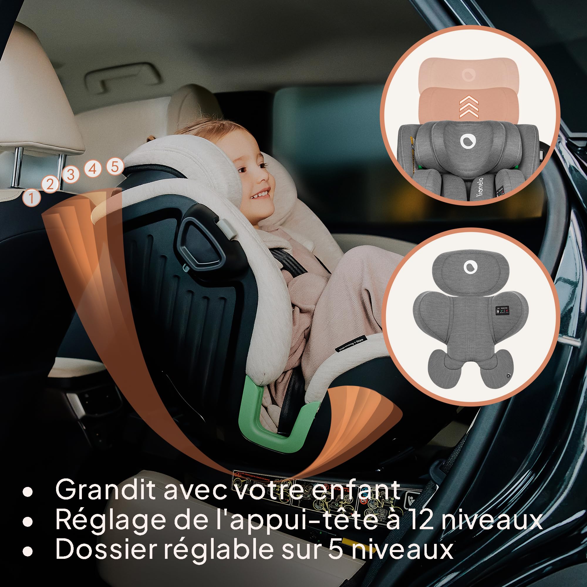 LIONELO Harmony I-SIZE Siège auto pivotant à 360° pour enfants de 40 à 150 cm, montage avec ISOFIX + pied stabilisateur, appuie-tête et dossier réglables, insert de réduction Dri-Seat (Grey Concrete)