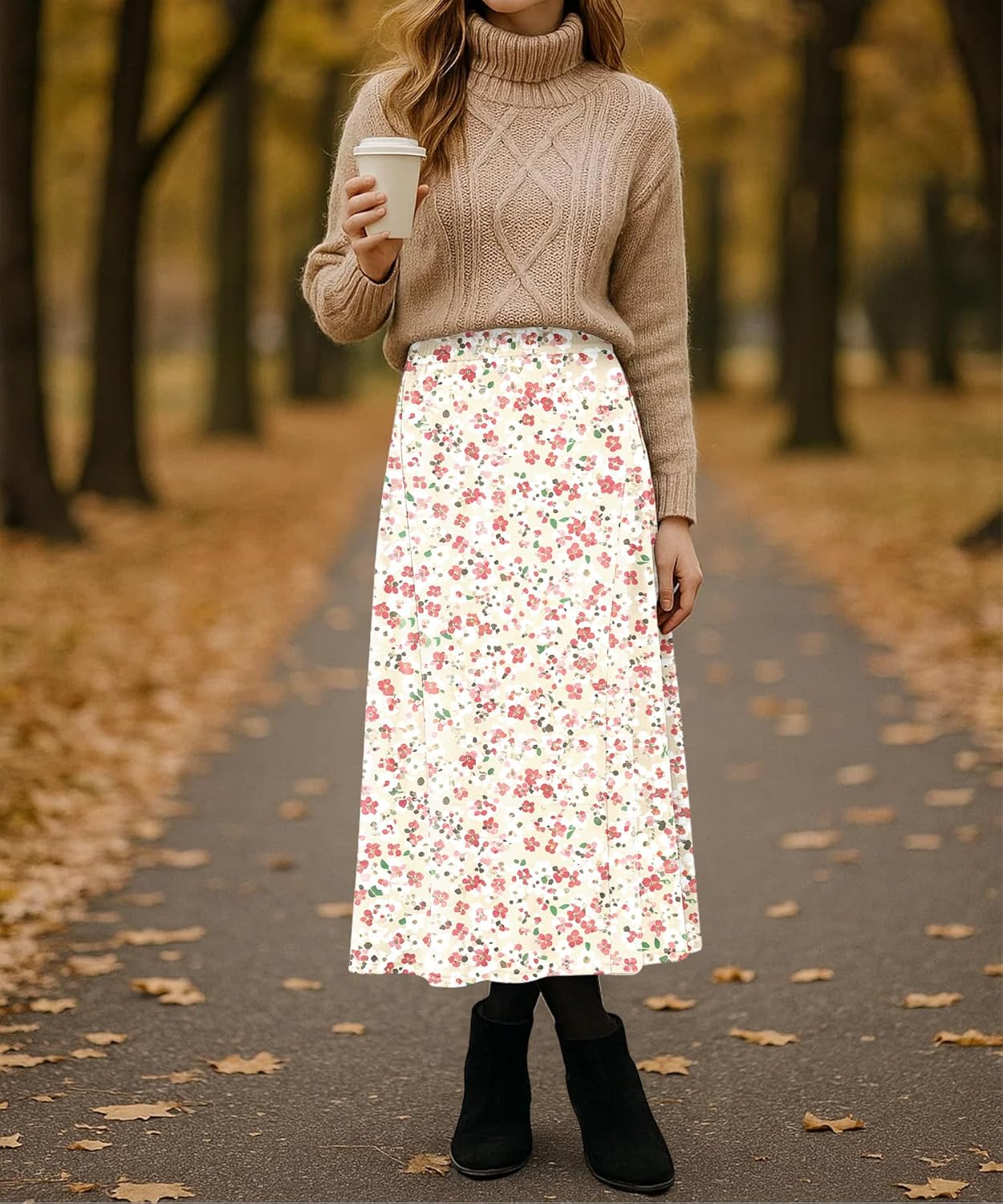 Long Skirts for Women Flowy Elastic High Waist Midi A-line Skirt for 2026 Casual Boho Trendy(Pink White Flo, Medium) - Image 3