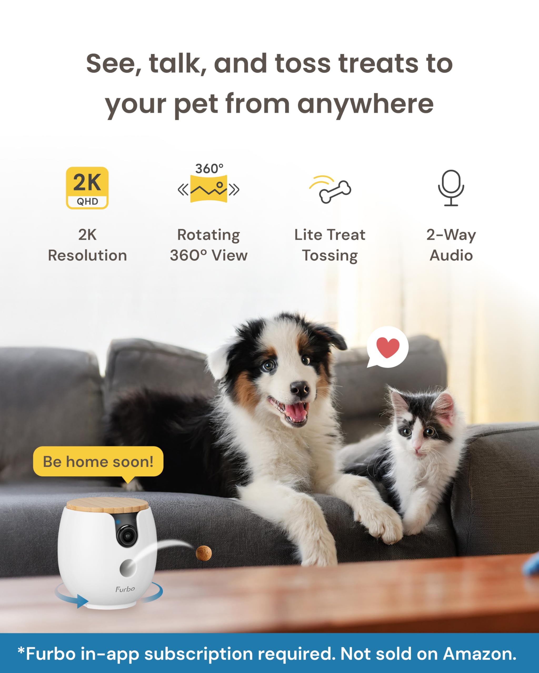 Furbo Mini 360° [New] 2K QHD Pet Camera - Unlock Smart Camera & Smart Features w/Paid Plan: Dog & Cat Safety Alerts, Rotating Treat Dispenser w/Speaker (Subscription Required, Low Risk 3mo Minimum)