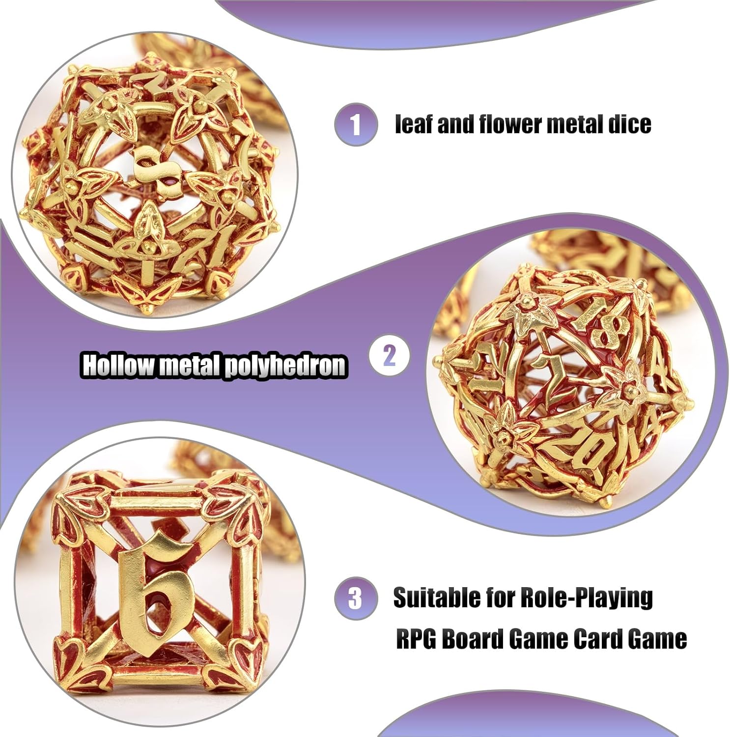 7-Piece Set of Gold Red Leaf and Flower Metal Dice, Hollow Polyhedron, Compatible with Role-Playing RPG Board Game Card Game