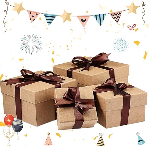 Vista 3 de Marspark 4 cajas de regalo de Navidad con tapas, apilables, cuadradas, juego de cajas anidadas con cinta, de tamaño grande a pequeño, molesto Papel