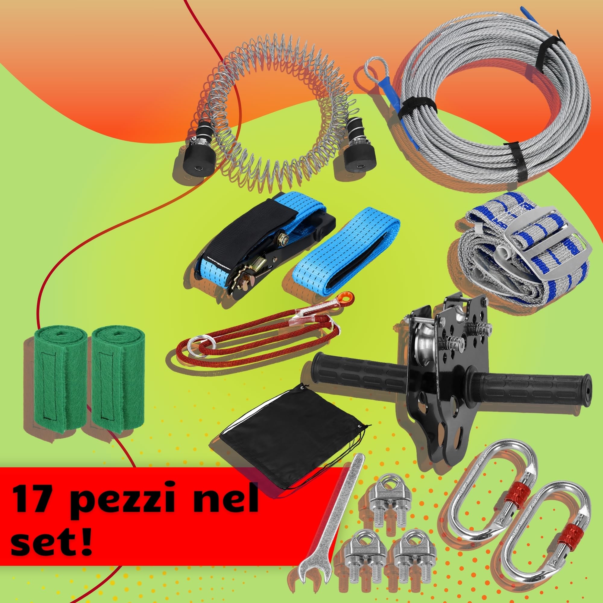 SPRINGOS Fune da 30 m per bambini, set con carrello scorrevole, sedile, freno di sicurezza e protezione per alberi, fino a 120 kg, dispositivo da arrampicata per esterni